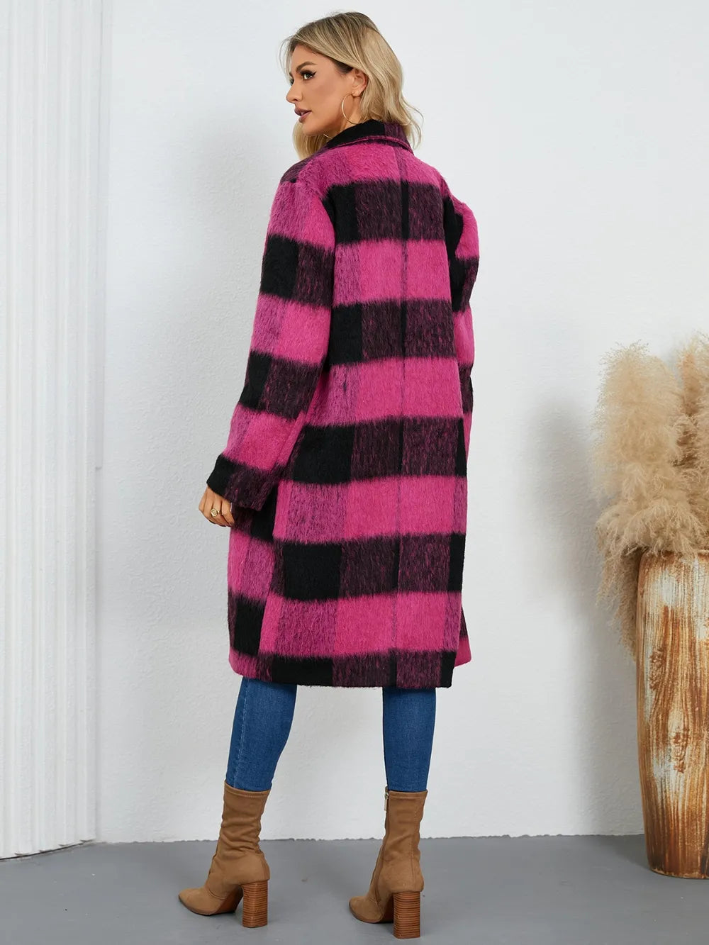 plaid double-breasted long sleeve coat – buttoned | dropsona - neutral - material texture