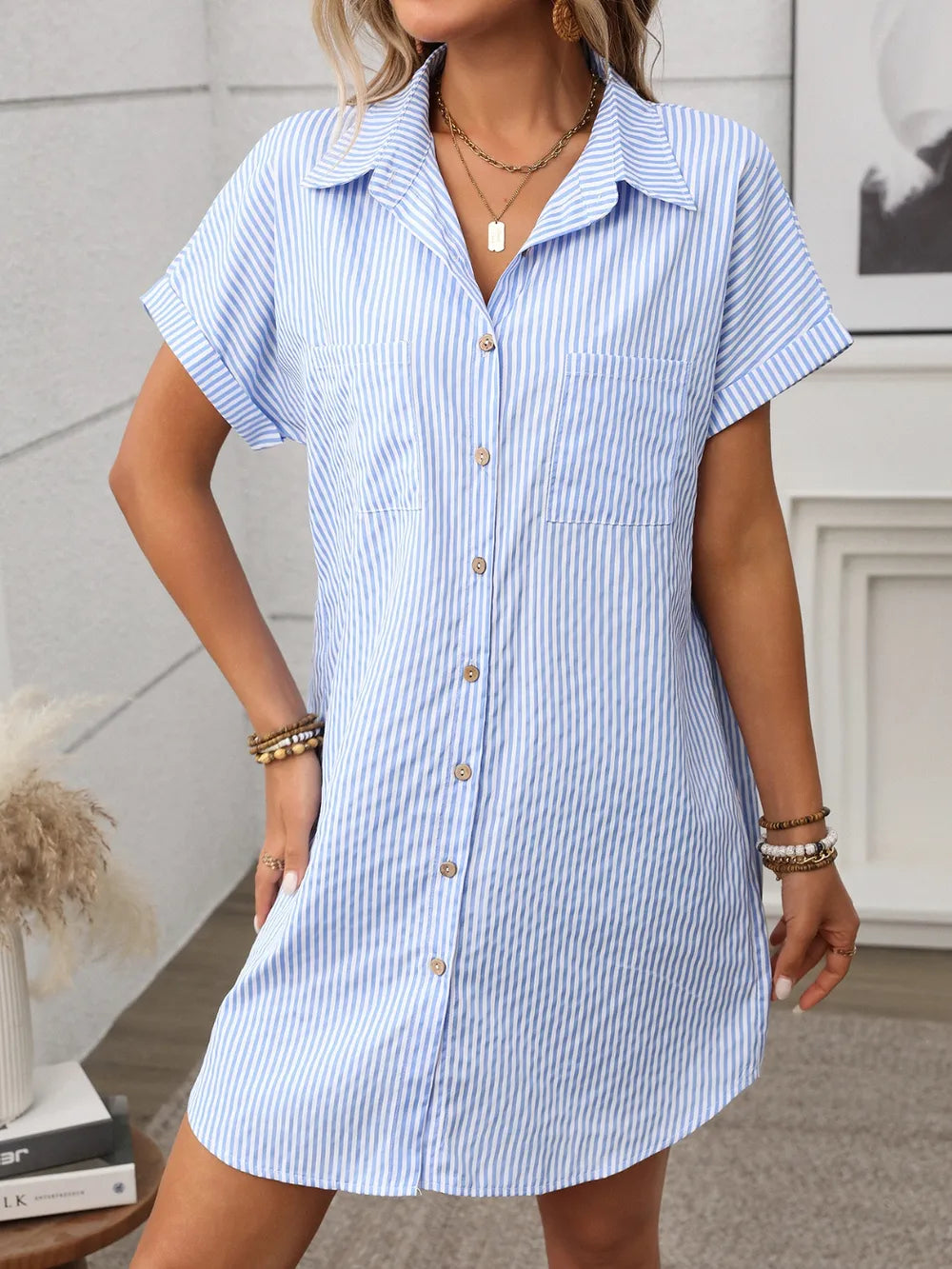 striped button down short sleeve mini dress - material texture
