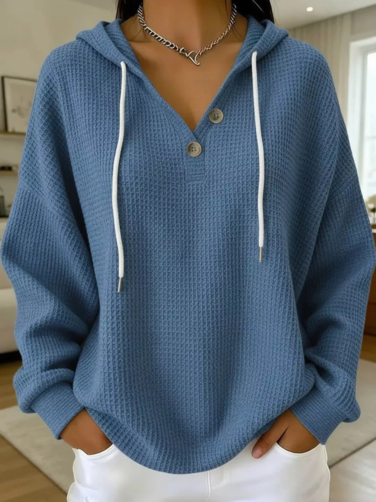 full size waffle knit button detail hoodie plus | dropsona - neutral - close-up detail