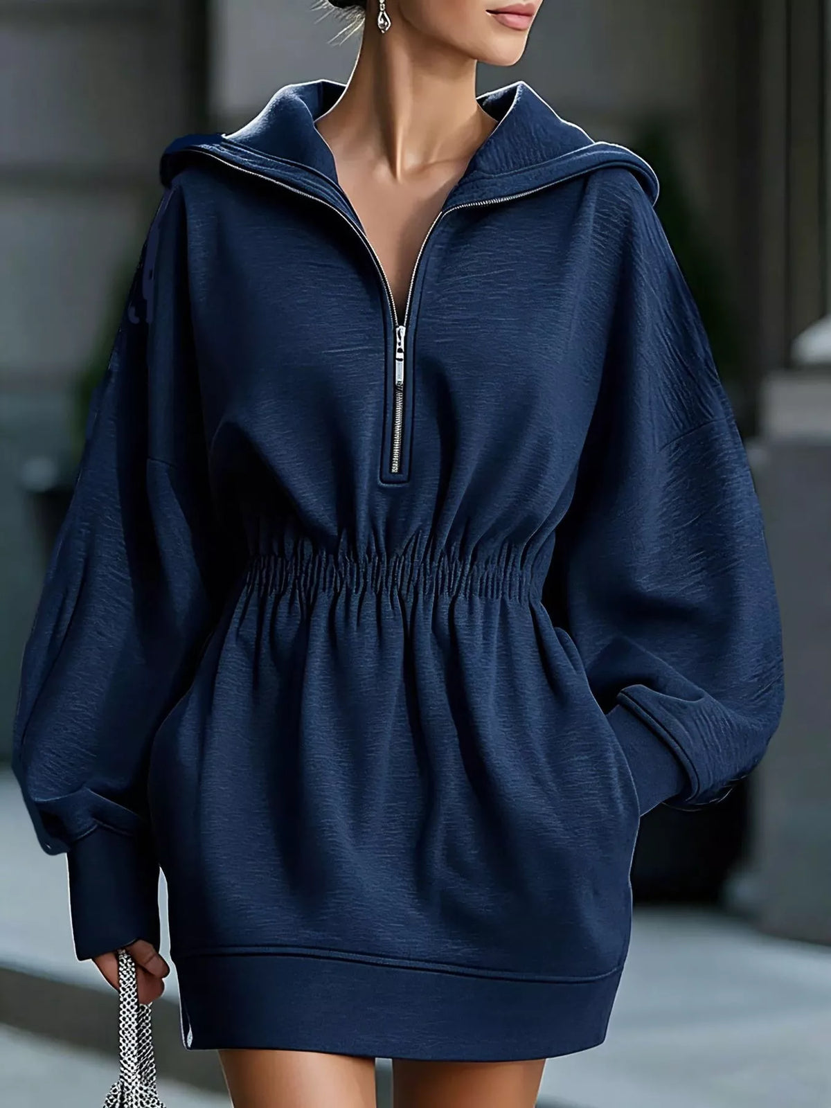 half-zip hooded sweatshirt dress – zipper,pocketed fit | dropsona - neutral - close-up detail