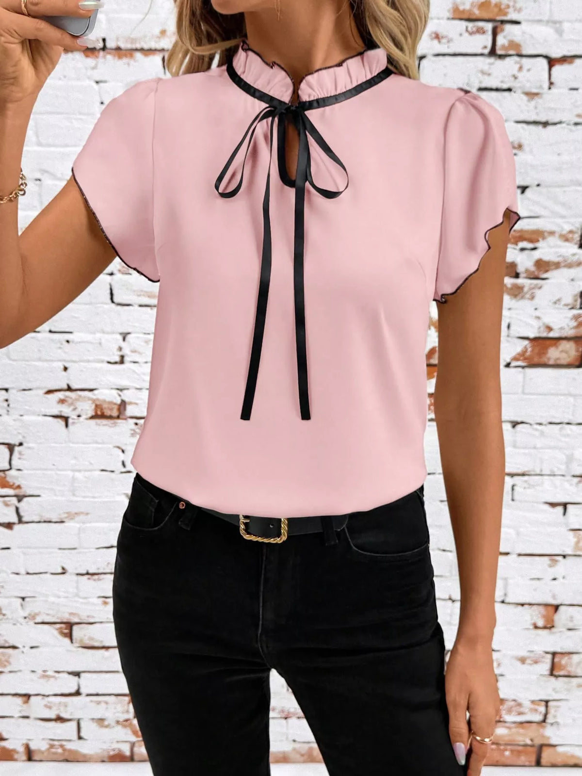 contrast trim ruffle sleeve tie-front blouse | dropsona - neutral - material texture