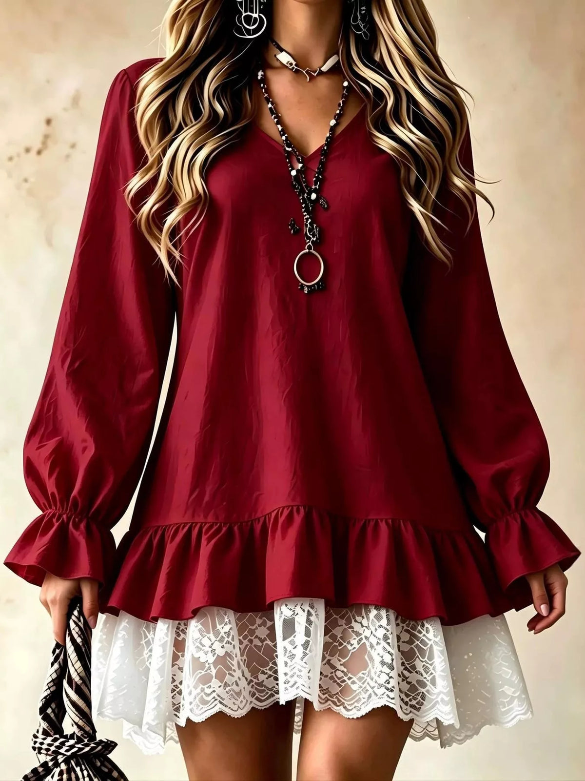 lace hem v-neck flounce sleeve dress | dropsona - neutral - size reference