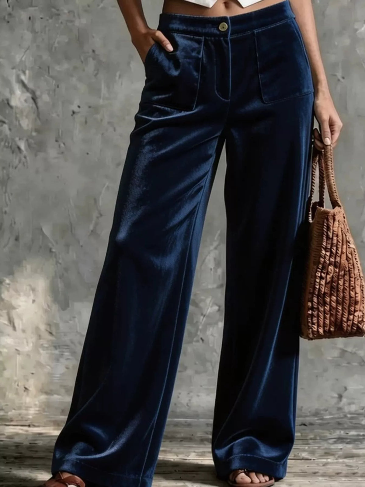 full size high-waisted wide-leg velvet pants with | dropsona - neutral - close-up detail
