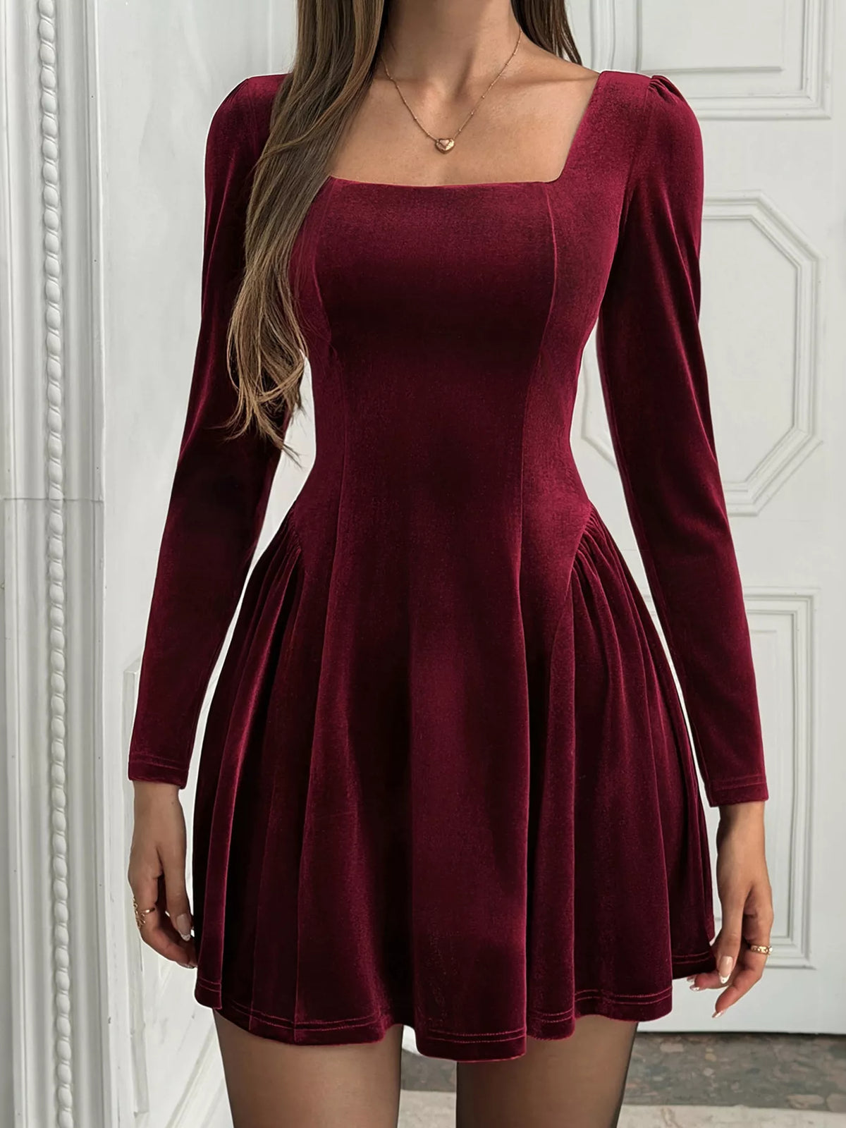 elegant velvet square neck long sleeve mini dress | dropsona - neutral - close-up detail