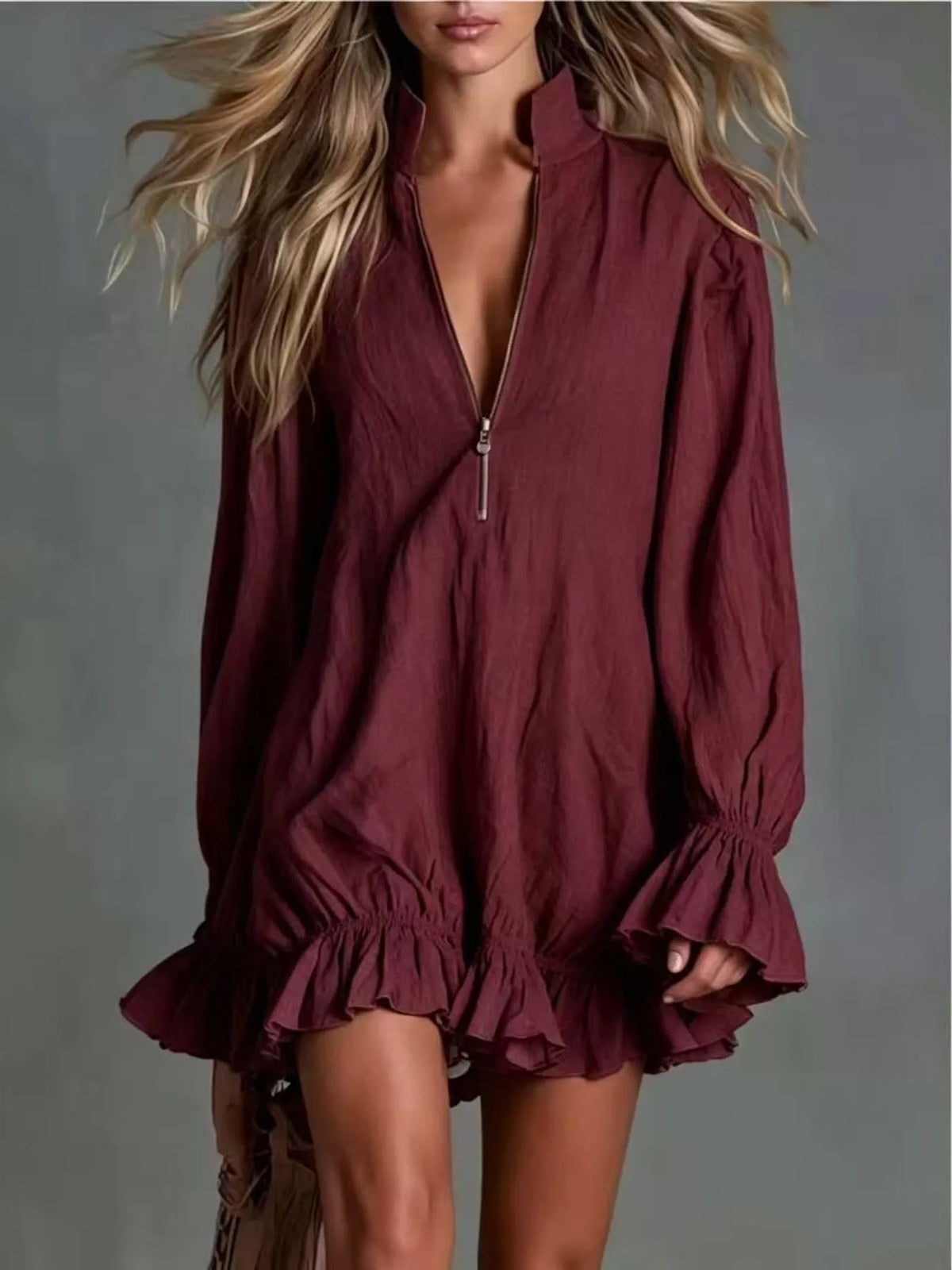 zipper-front ruffle hem mini dress – zipper, ruffled | dropsona - neutral - usage example