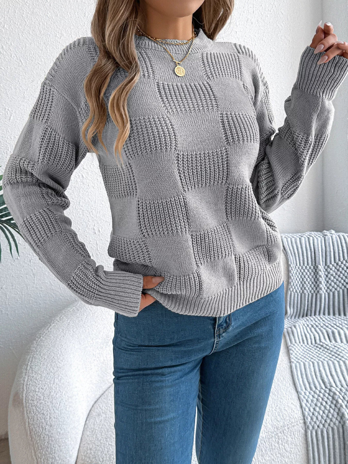 checkerboard textured knit sweater | dropsona - neutral - size reference