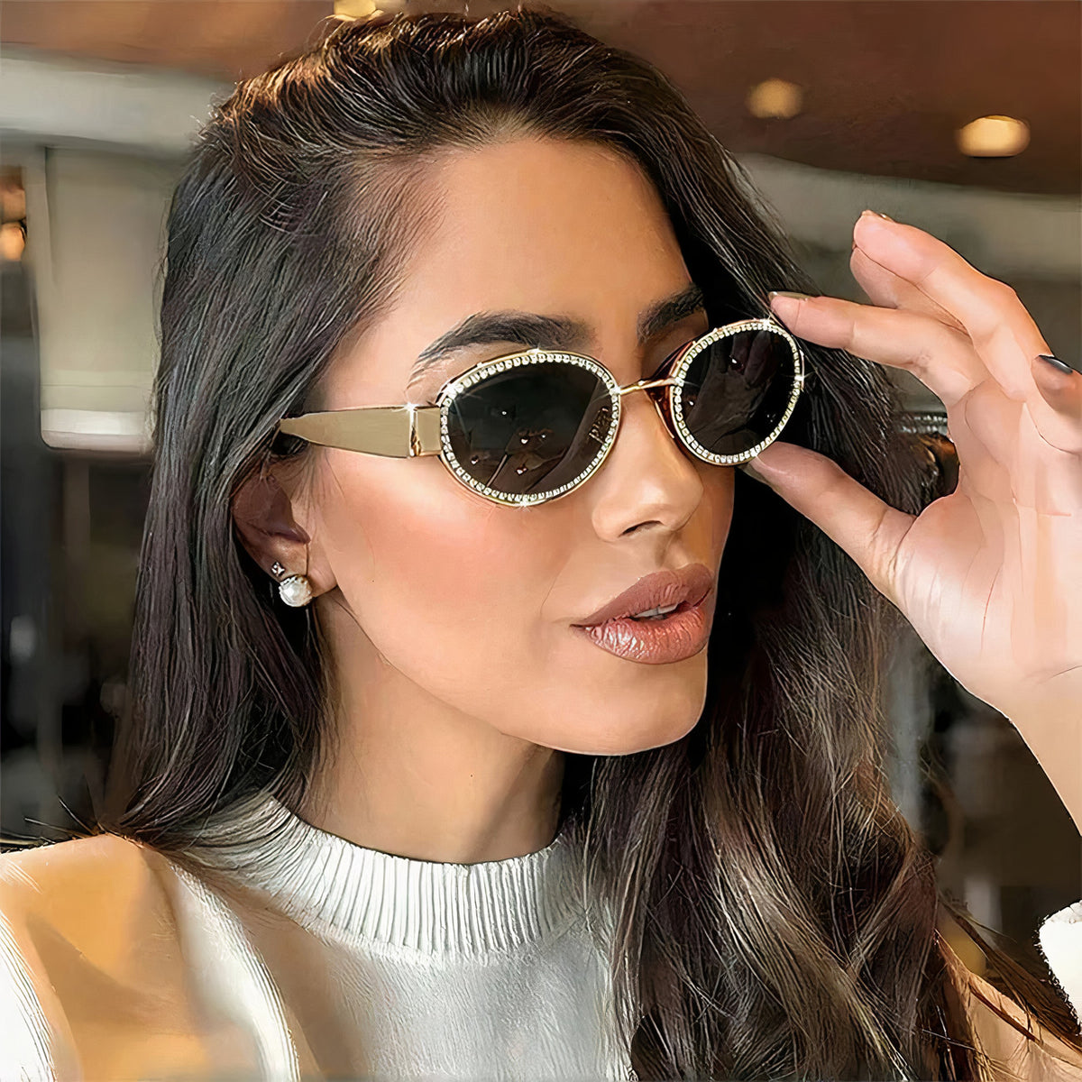 rhinestones decor oval sunglasses - everyday wear
