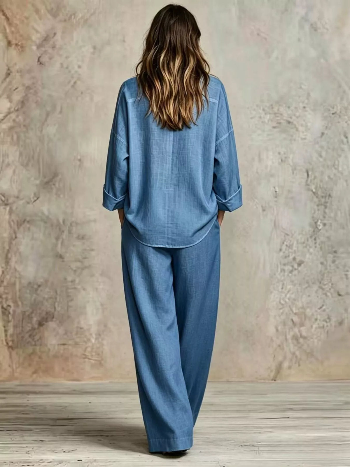 full size button-down shirt and wide-leg pants set | dropsona - neutral - close-up detail