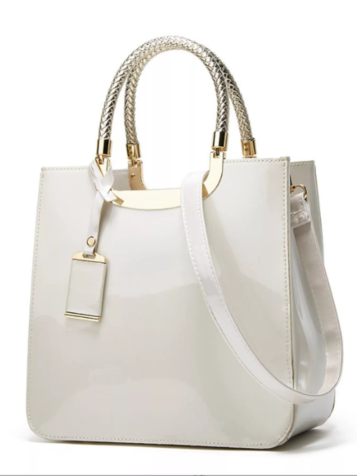 pu leather handbag with metallic braided handle | dropsona - neutral - packaging