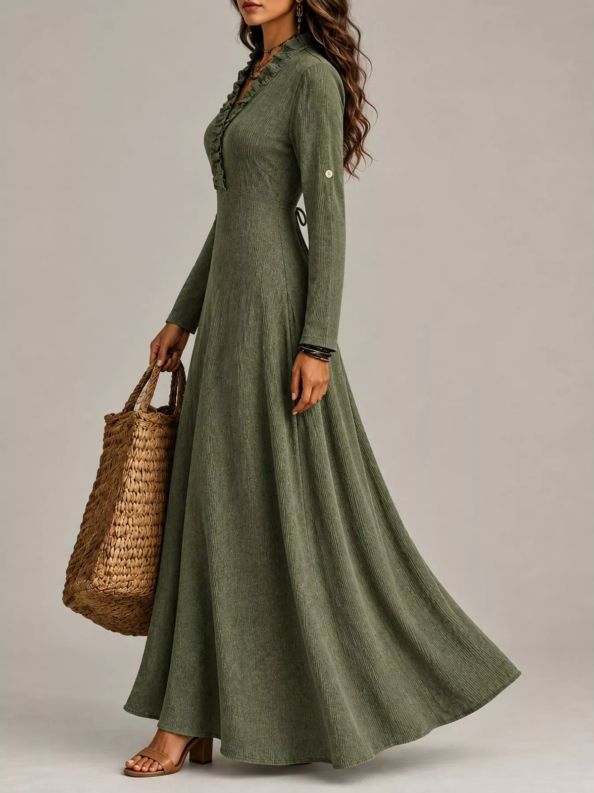 full size frill roll-up sleeve maxi dress plus | dropsona - neutral - material texture