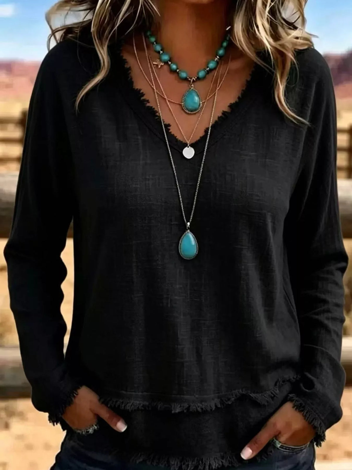 full size frayed hem v-neck blouse plus | dropsona - neutral - size reference