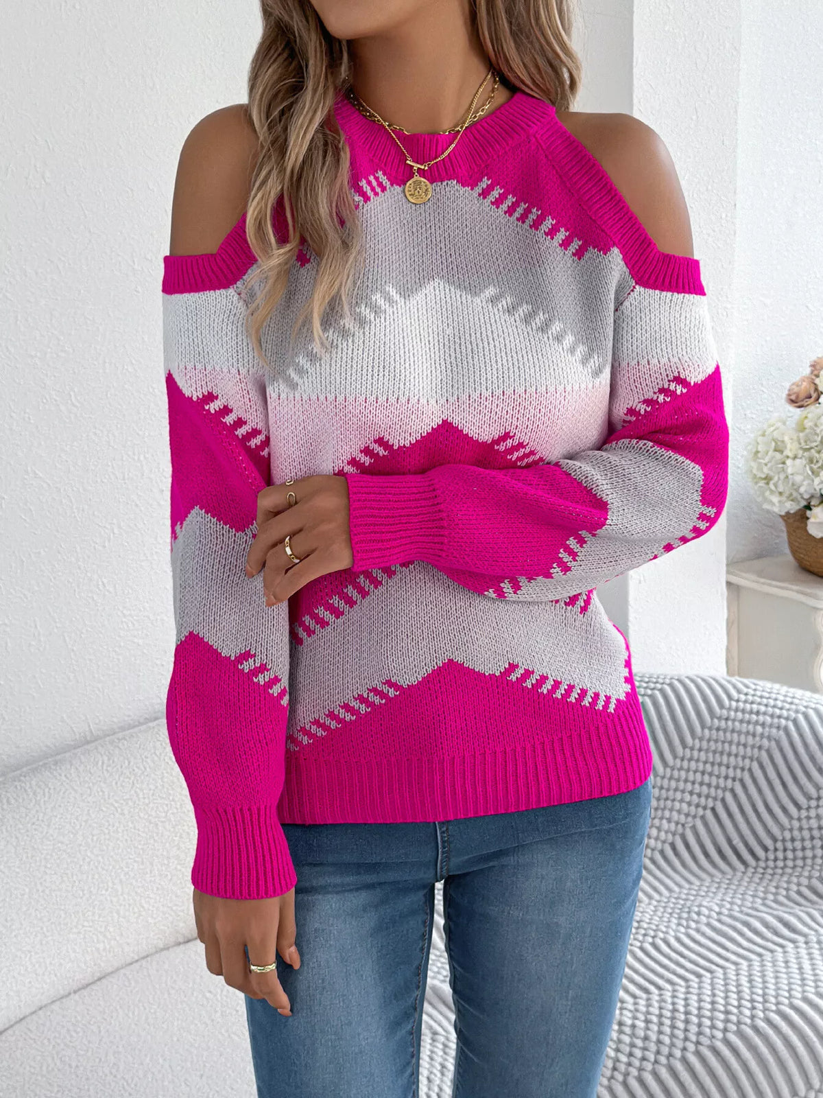 cold shoulder chevron pattern knit sweater | dropsona - neutral - size reference