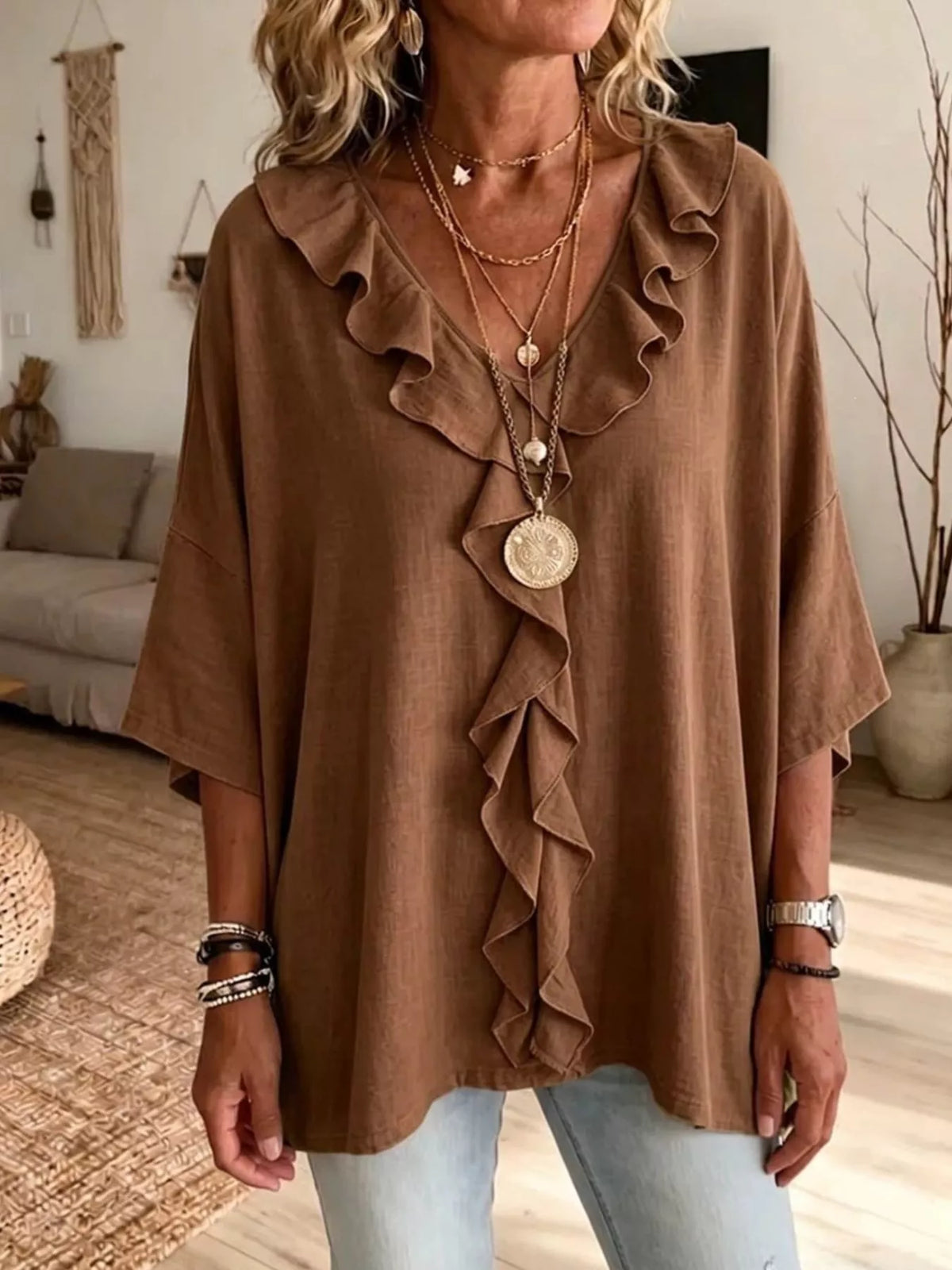 full size ruffle v-neck 3/4 sleeve blouse plus | dropsona - neutral - packaging