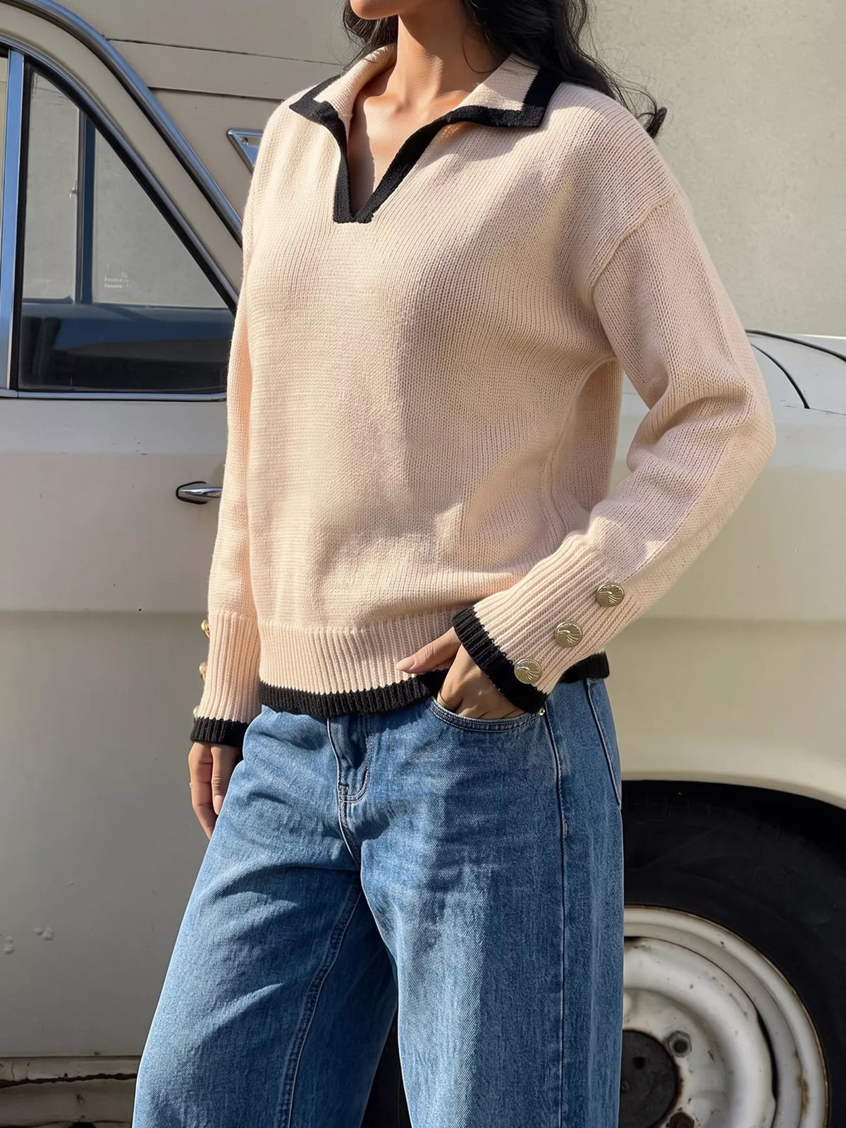 contrast trim polo collar sweater | dropsona - neutral - usage example