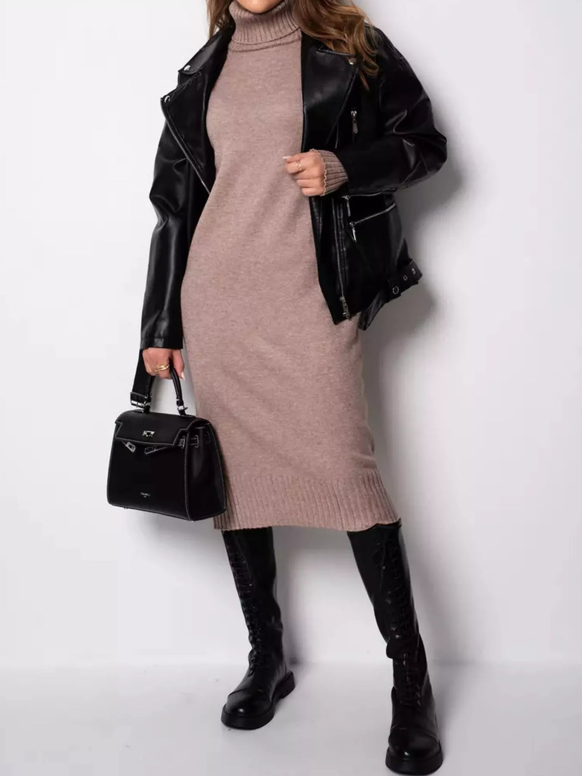 turtleneck ribbed knit sweater dress | dropsona - neutral - usage example