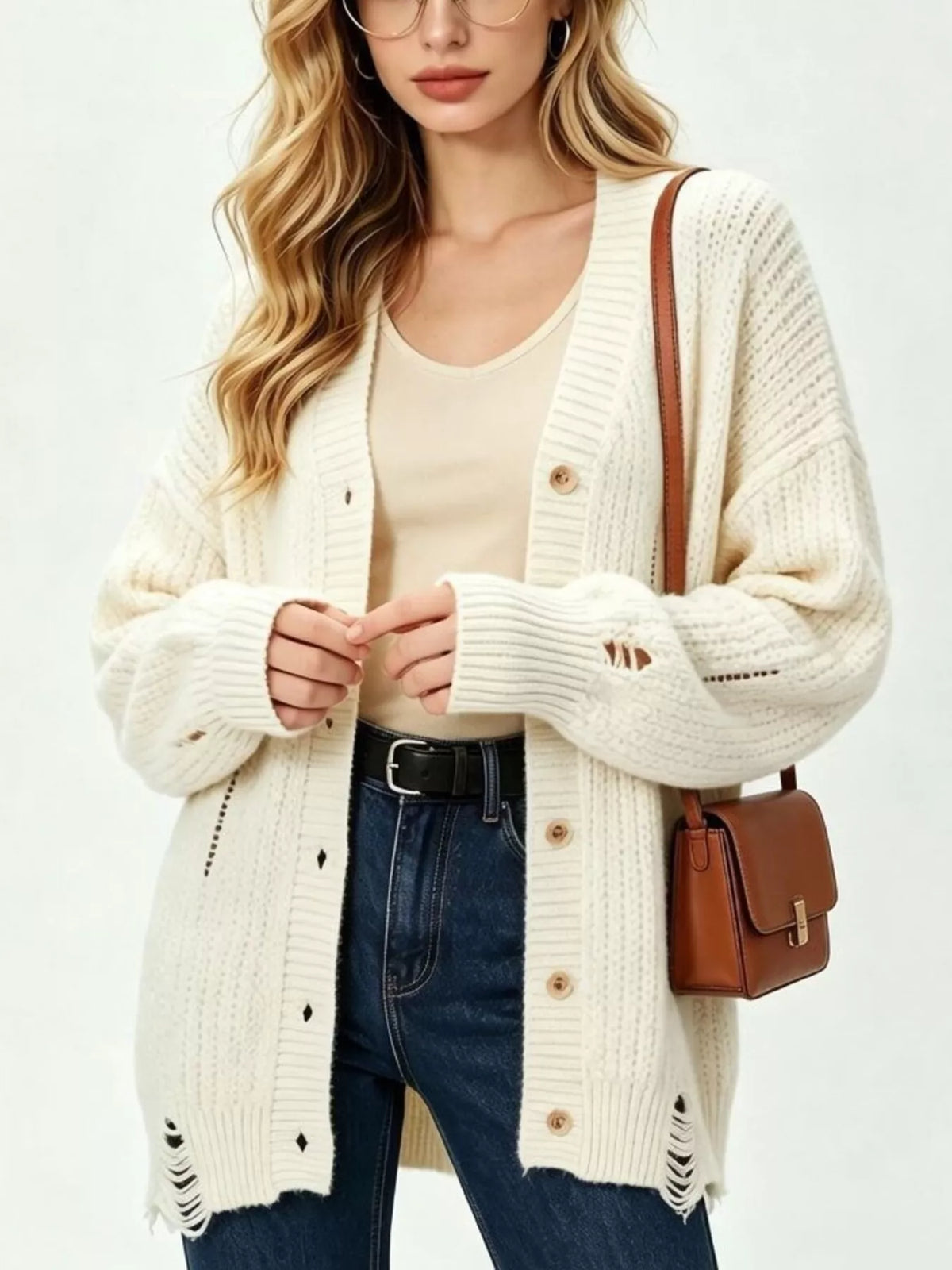 full size distressed oversized v-neck button-down | dropsona - neutral - front view