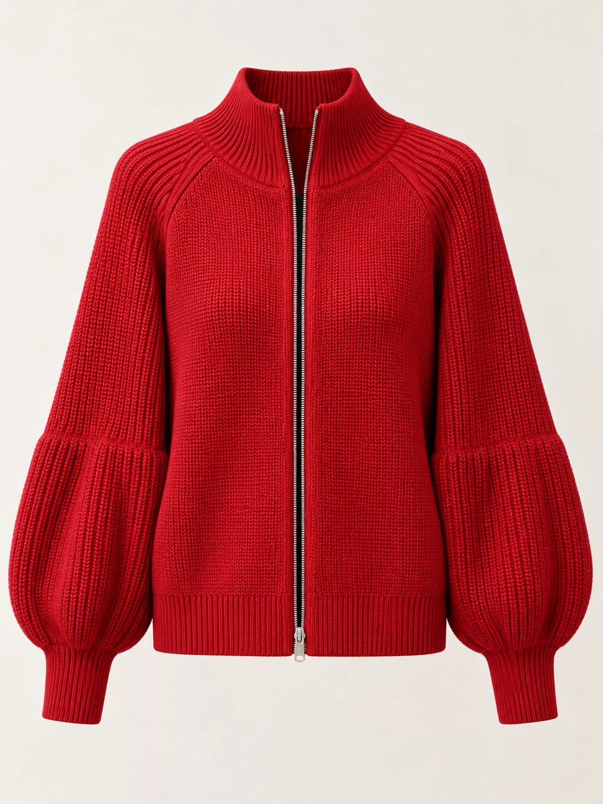 full size elegant ribbed knit zip-up cardigan with | dropsona - neutral - size reference