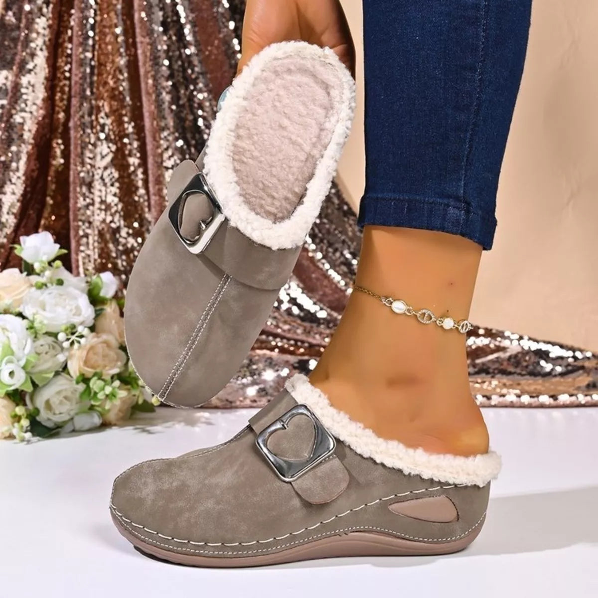 faux fur lined heart buckle slip-ons | dropsona - neutral - size reference