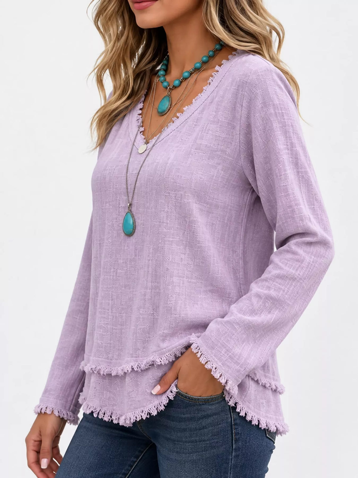 full size frayed hem v-neck blouse plus | dropsona - neutral - close-up detail
