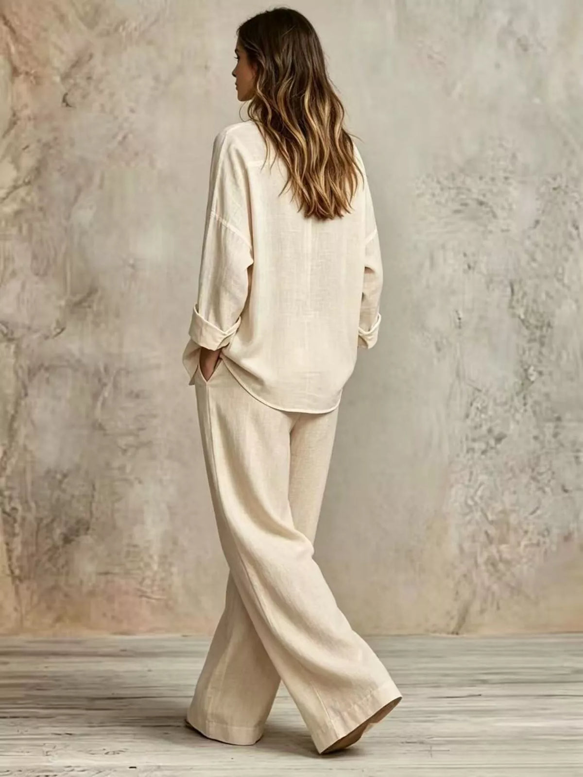 full size button-down shirt and wide-leg pants set | dropsona - neutral - close-up detail