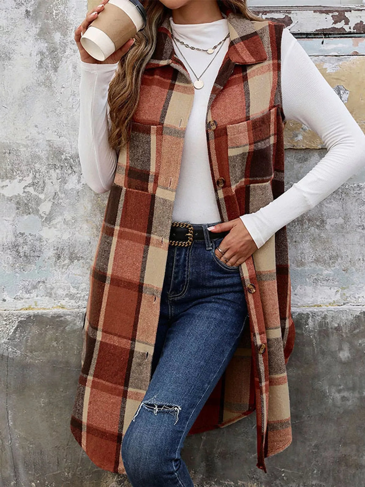 longline plaid button-down vest coat | dropsona - neutral - front view
