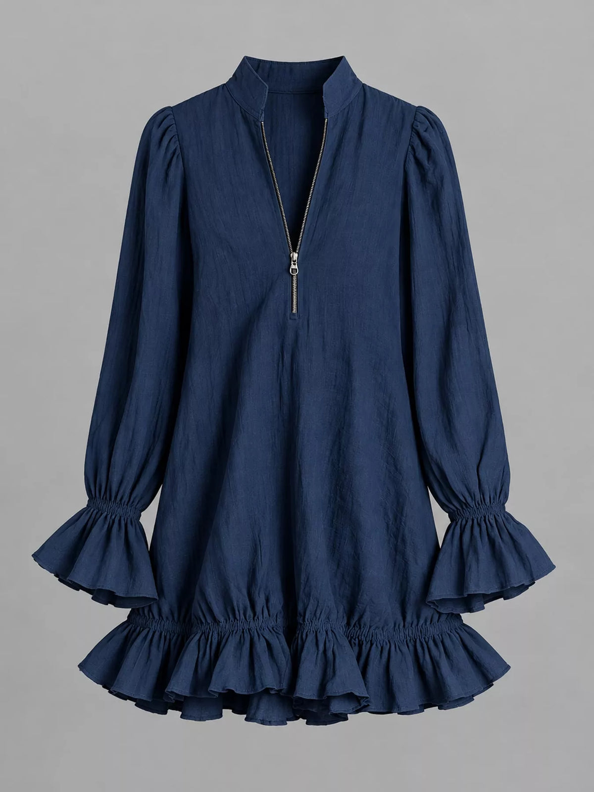zipper-front ruffle hem mini dress – zipper, ruffled | dropsona - neutral - packaging