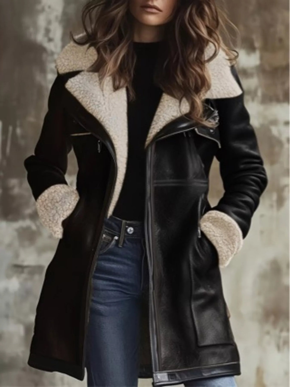 zip up sherpa leather outerwear – pocketed,zipper | dropsona - neutral - material texture
