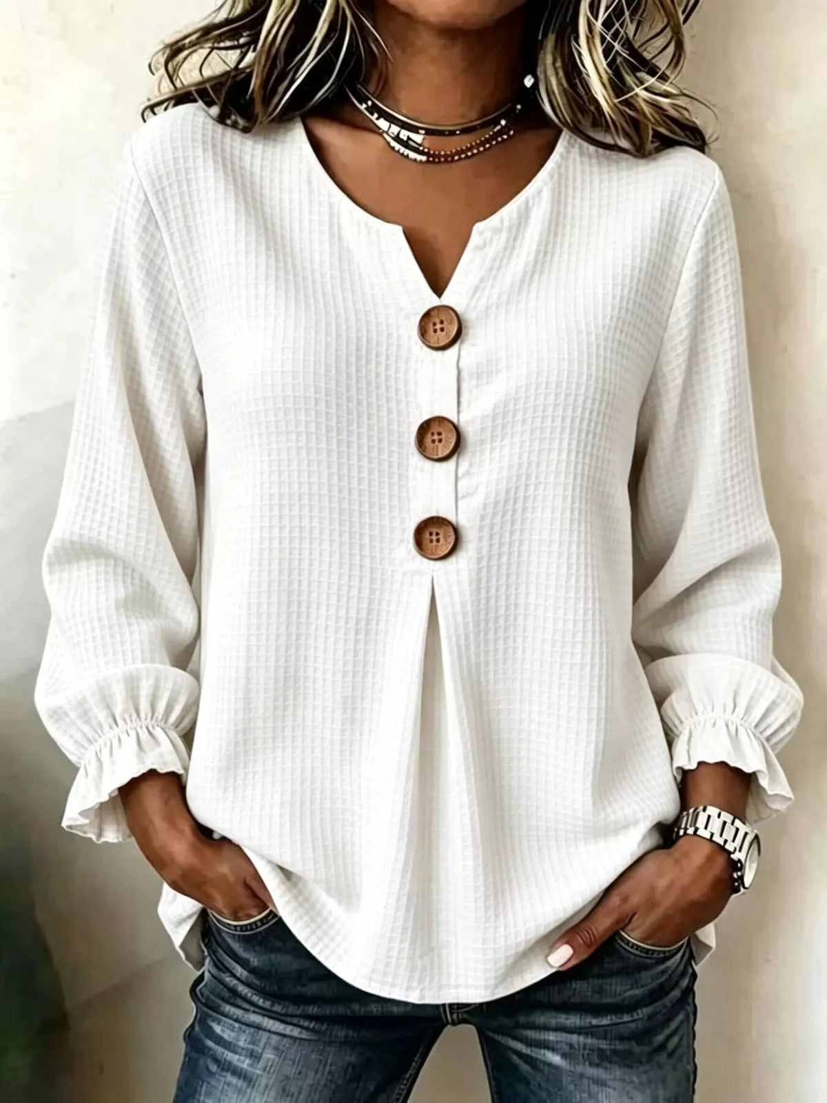 waffle knit long sleeve top | dropsona - neutral - close-up detail