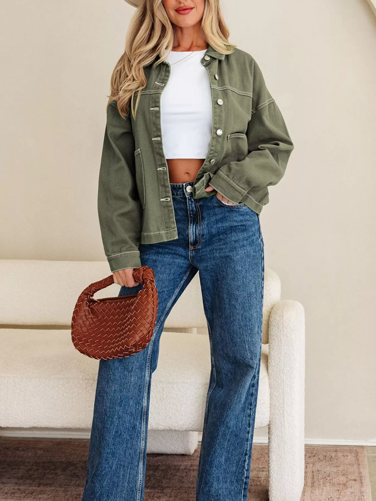 patched pocket collared button front boyfriend denim jacket - size reference