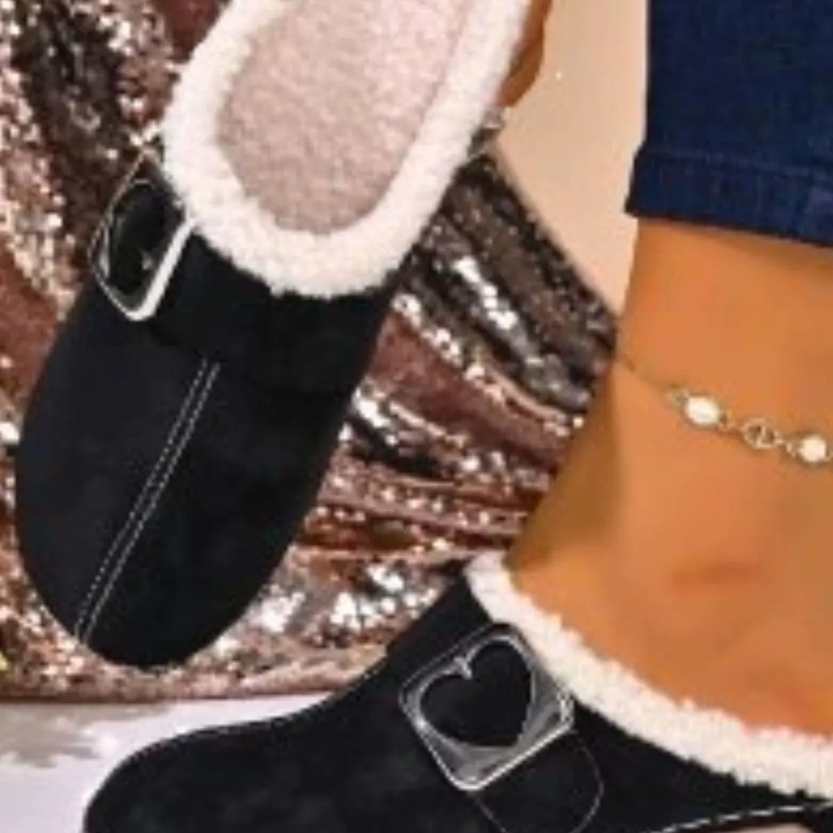 faux fur lined heart buckle slip-ons | dropsona - neutral - front view