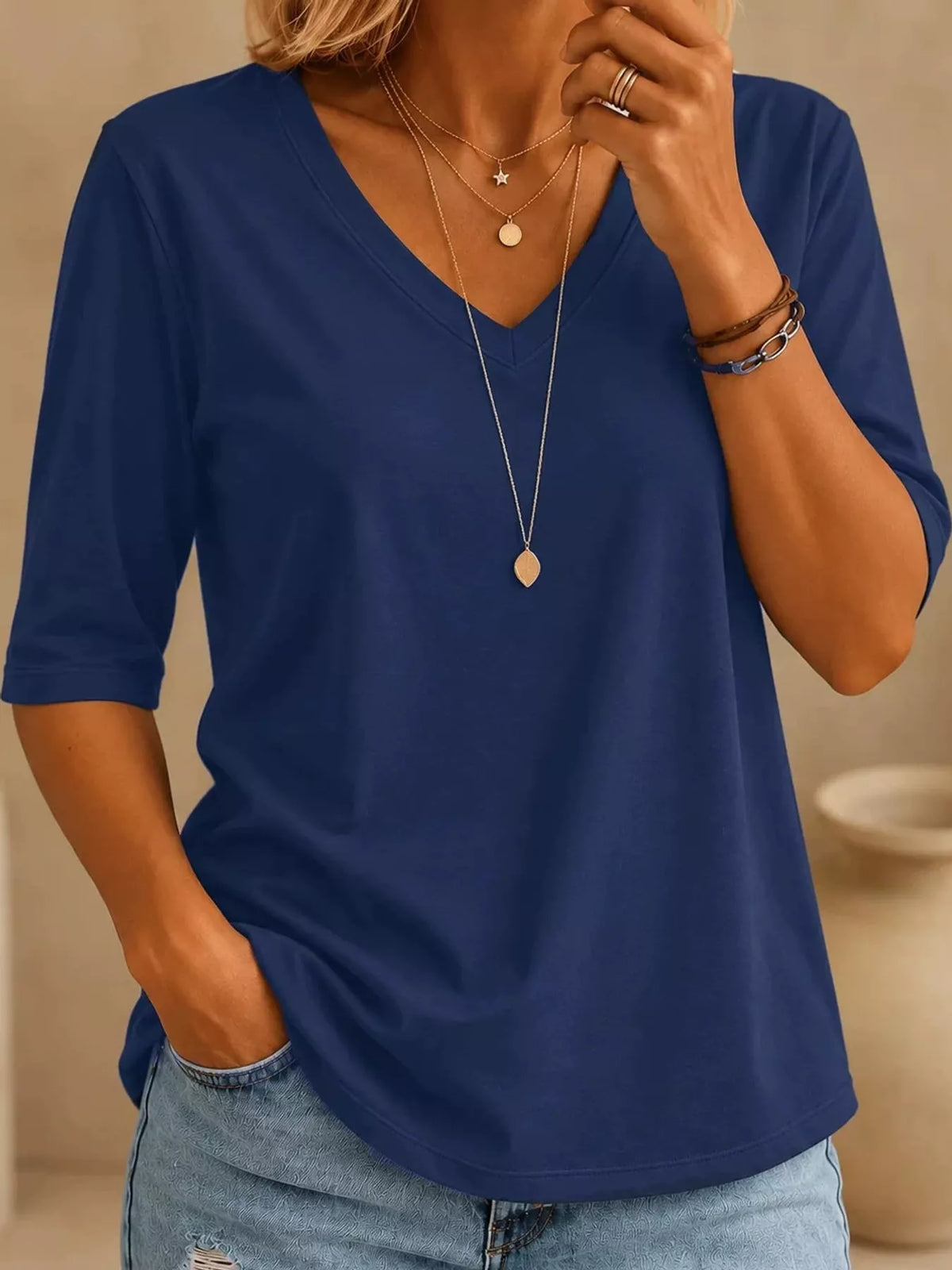 full size v-neck half sleeve t-shirt plus | dropsona - neutral - front view