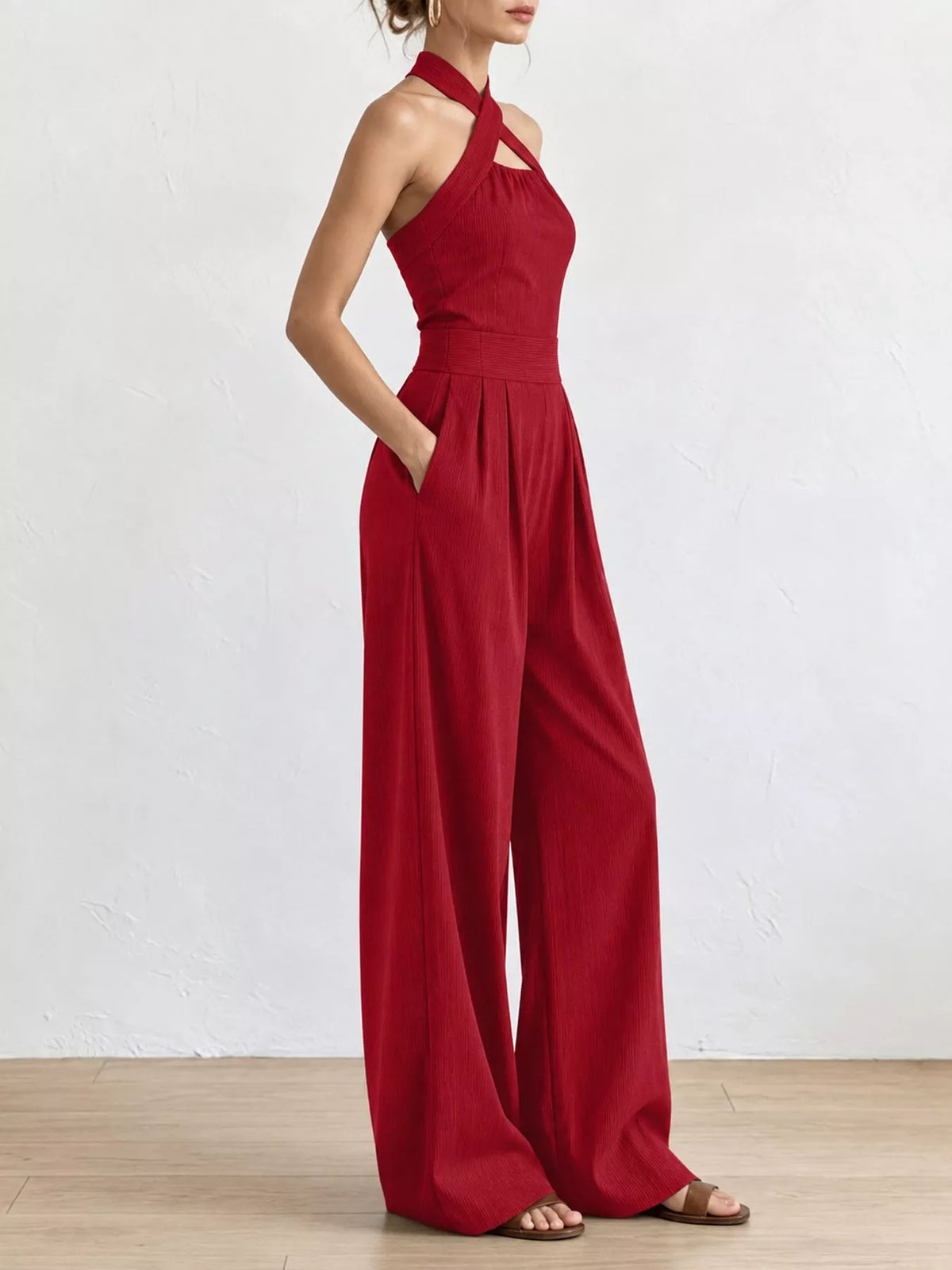 full size halter neck wide-leg jumpsuit plus | dropsona - neutral - size reference