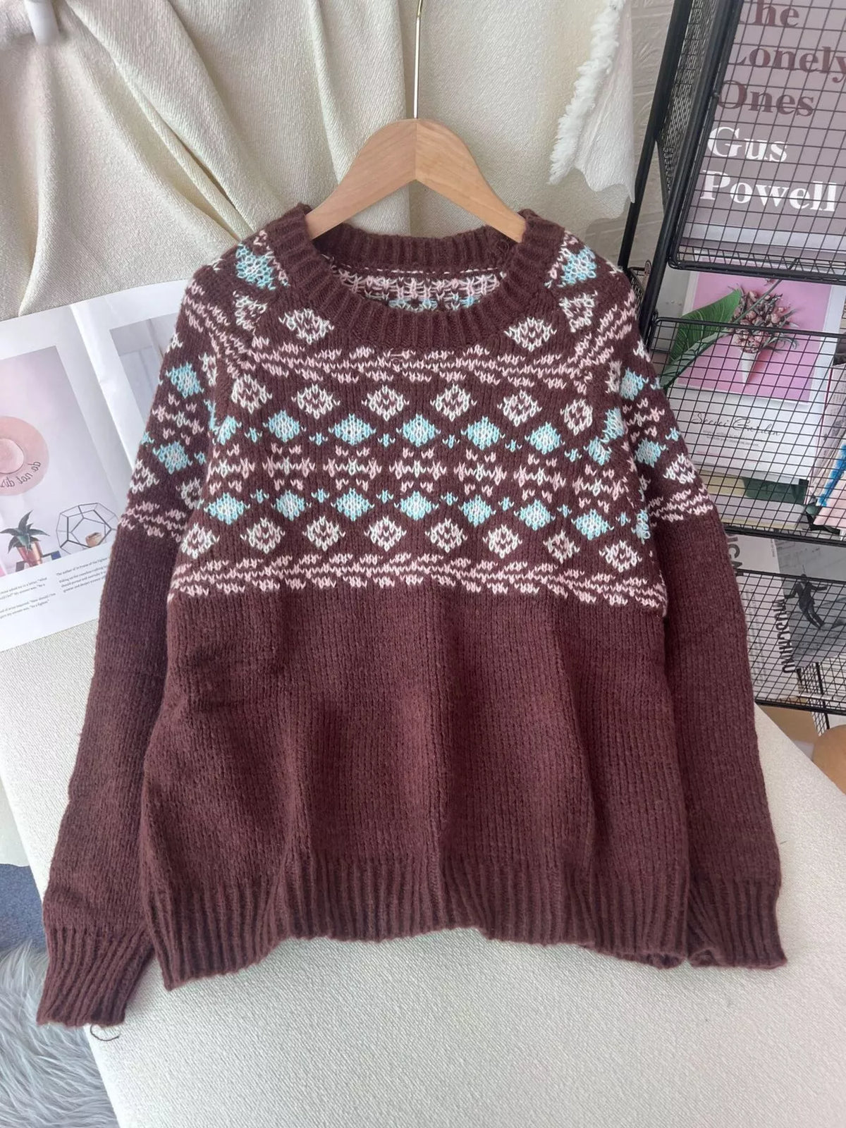 fair isle patterned round neck sweater – basic style | dropsona - neutral - front view