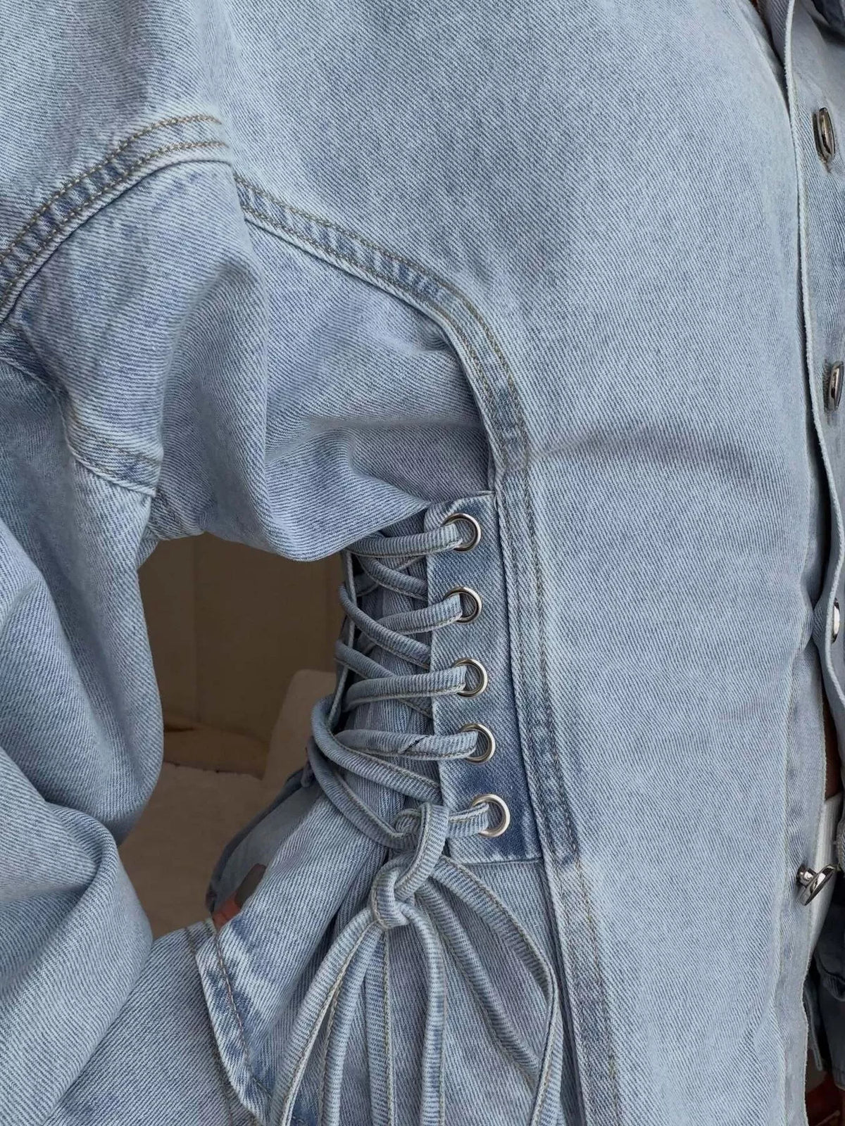 button down lace-up side denim jacket | dropsona - neutral - material texture