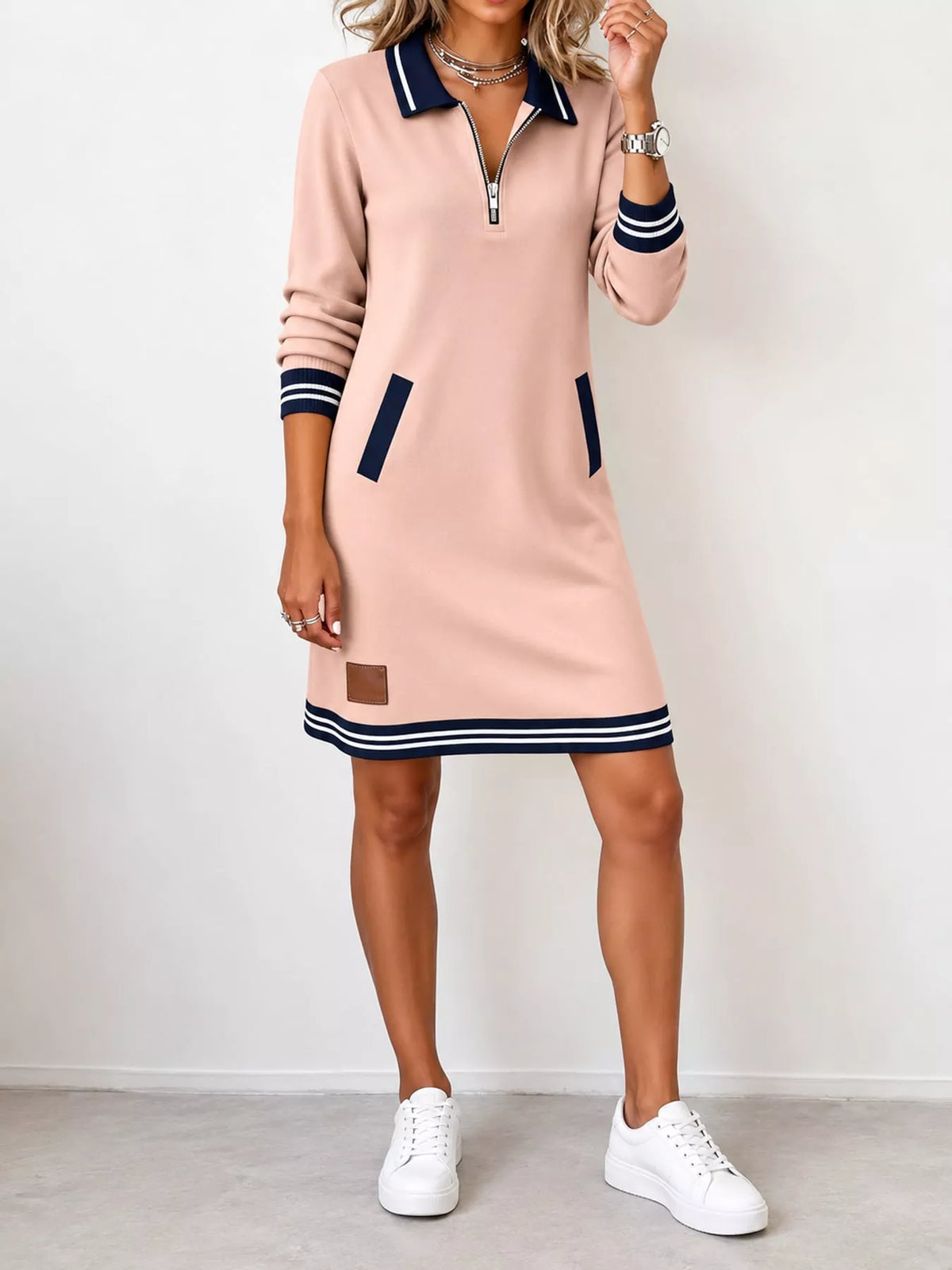 full size zip-up polo collar knit dress plus | dropsona - neutral - packaging