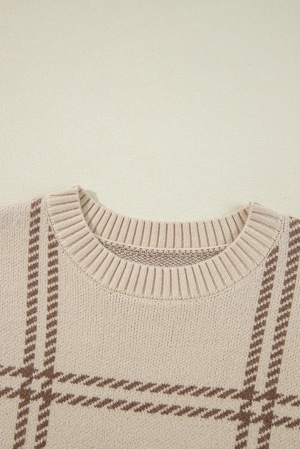 plaid round neck dropped shoulder sweater | dropsona - neutral - size reference