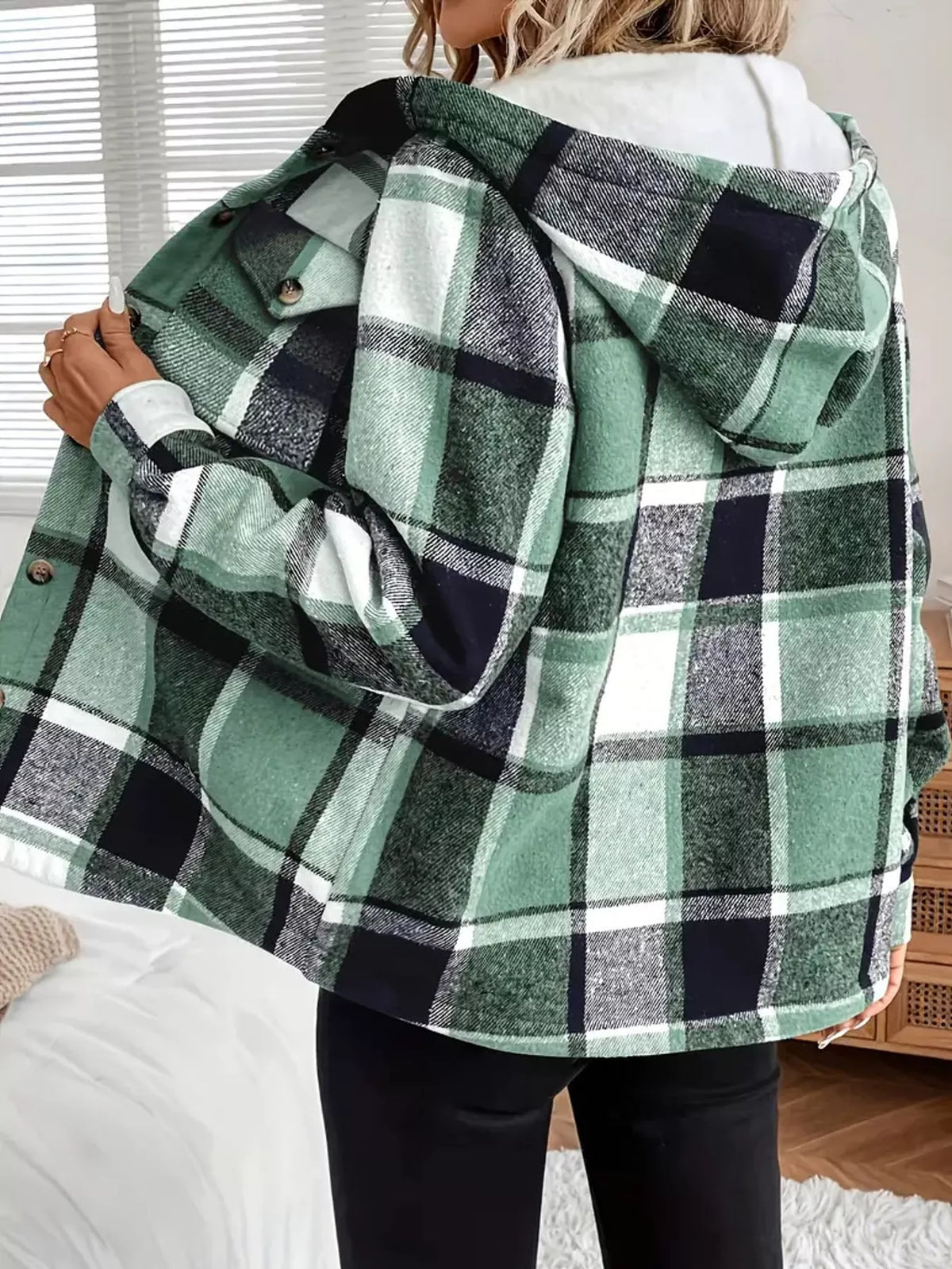 fleece-lined plaid button up shacket | dropsona - neutral - close-up detail