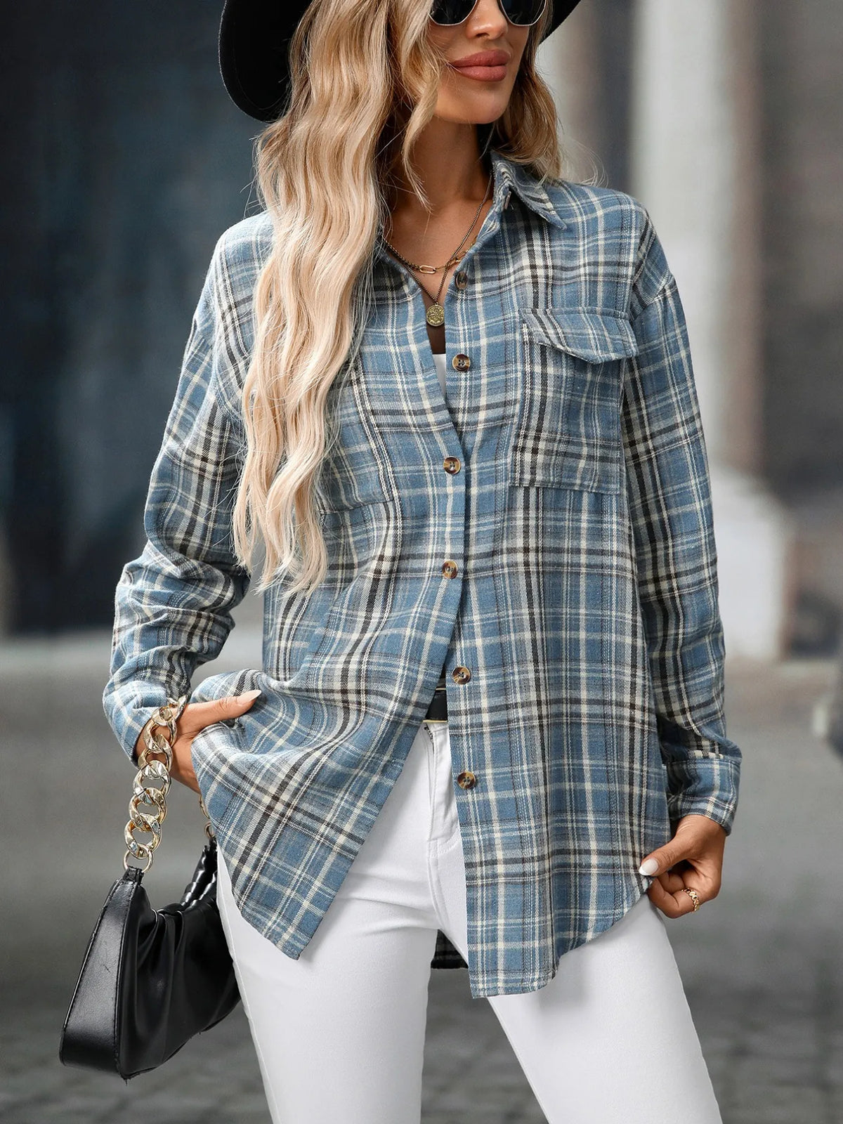 oversized plaid button-up shirt - size reference
