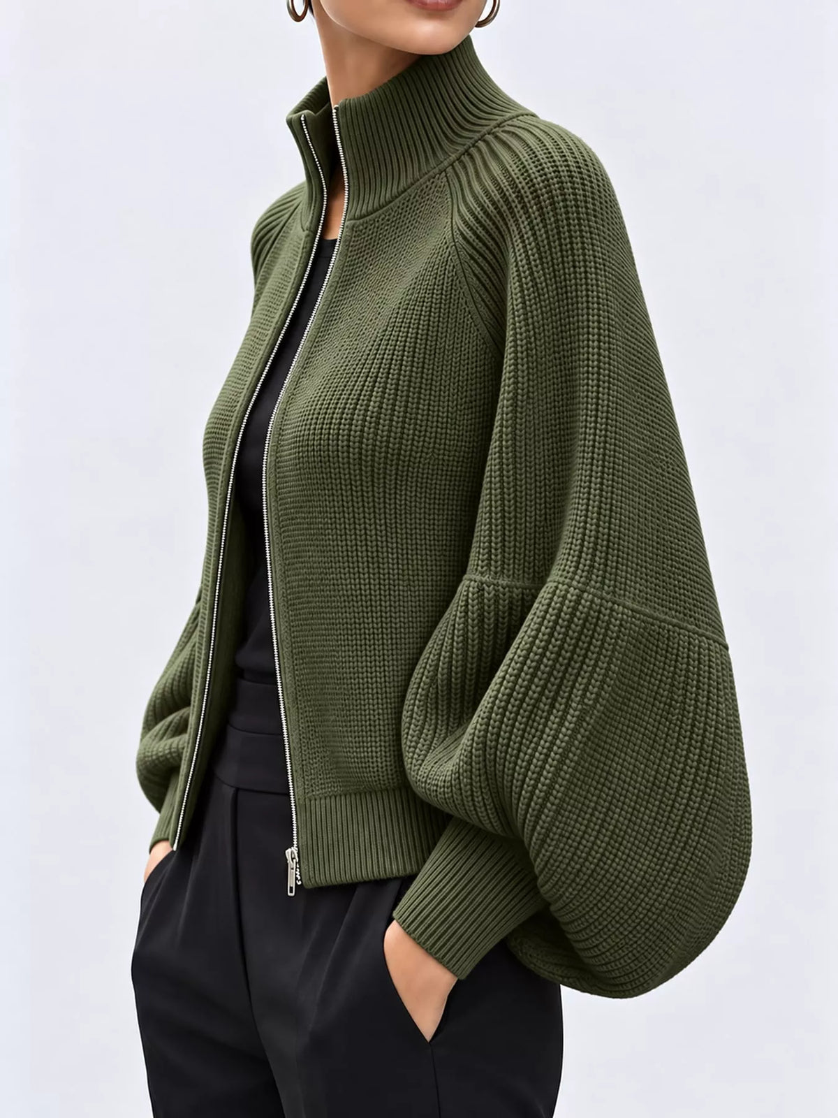 full size elegant ribbed knit zip-up cardigan with | dropsona - neutral - close-up detail