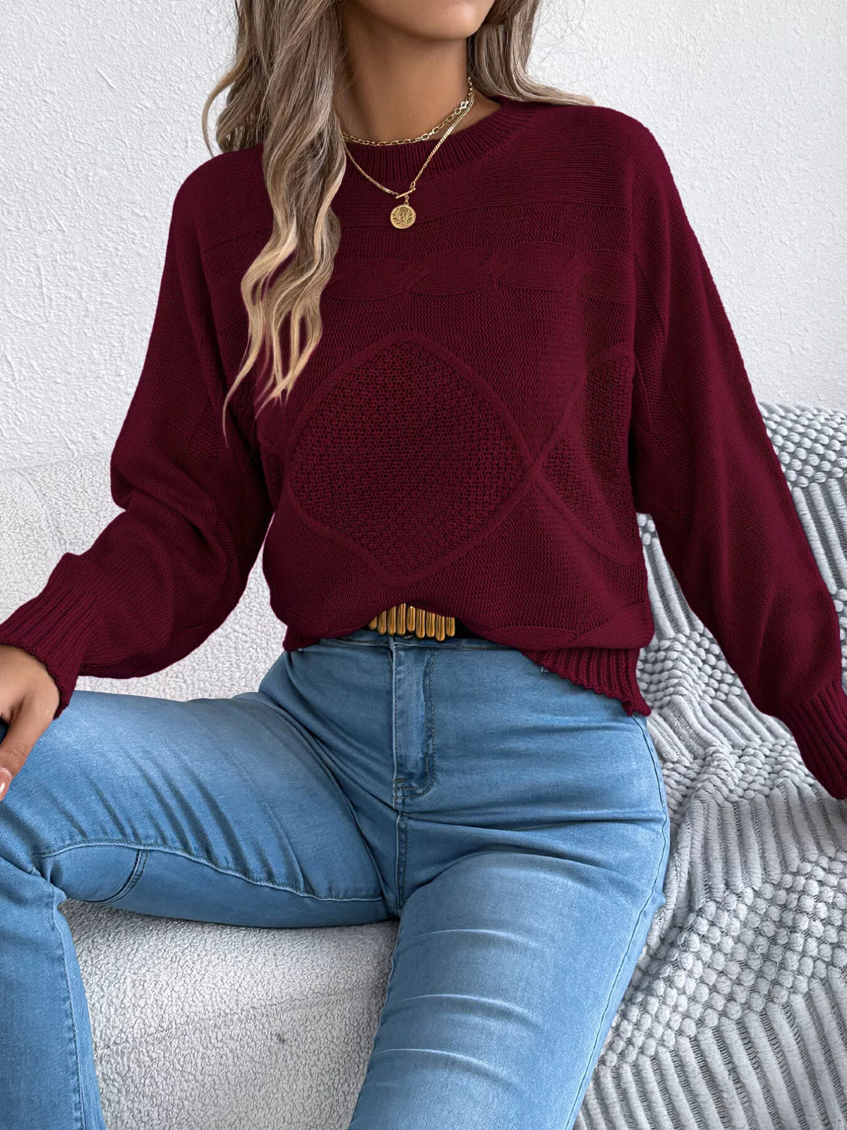 cable knit crew neck sweater – basic style,cable-knit | dropsona - neutral - material texture