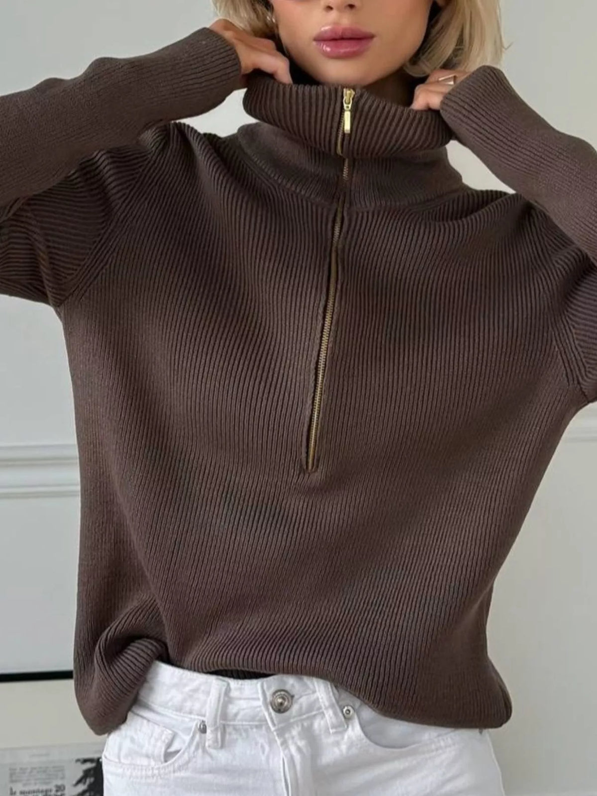 ribbed knit quarter-zip sweater – zipper | dropsona - neutral - material texture