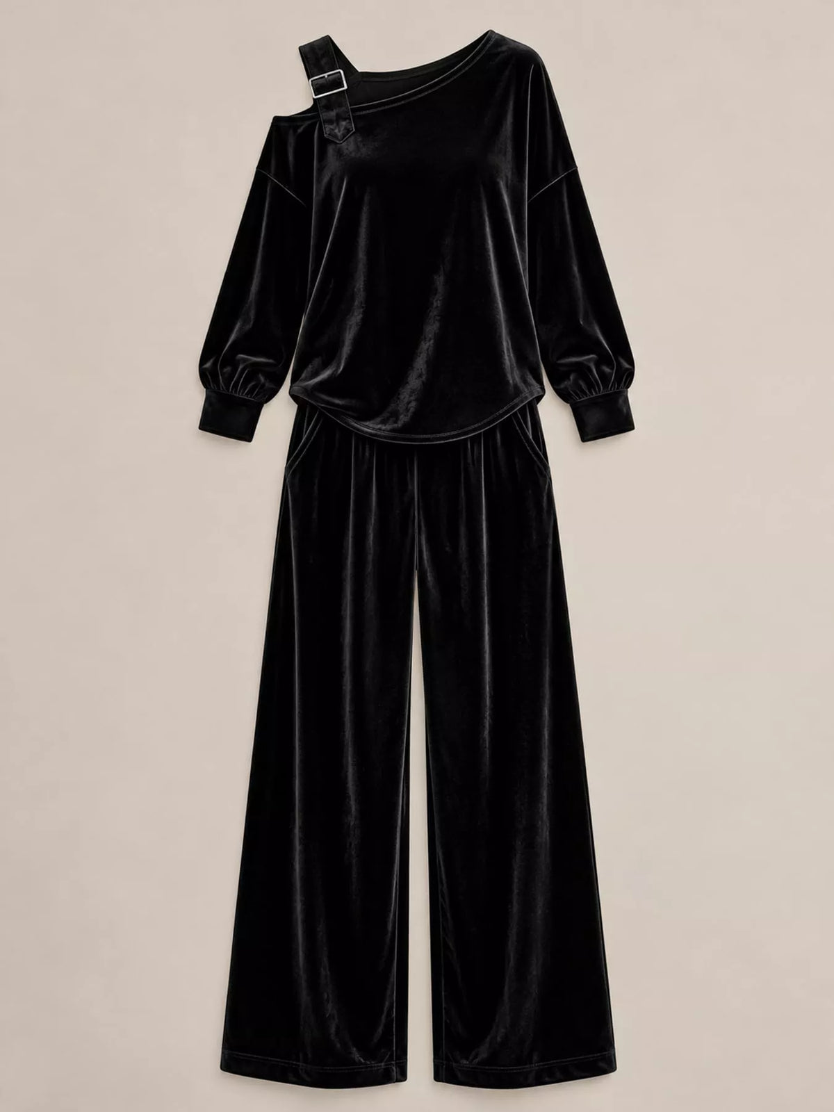 asymmetrical neck top and pants set | dropsona - neutral - size reference