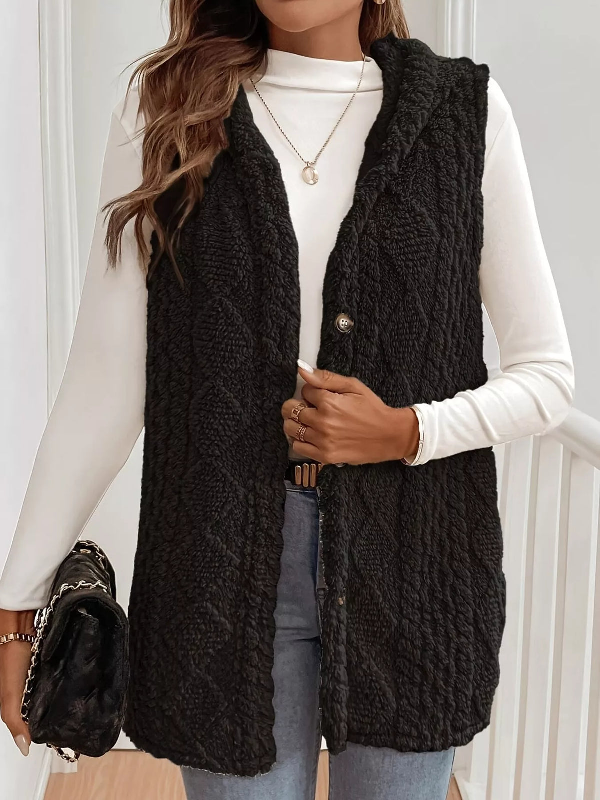 hooded sherpa vest coat – buttoned,thermal closure | dropsona - neutral - packaging