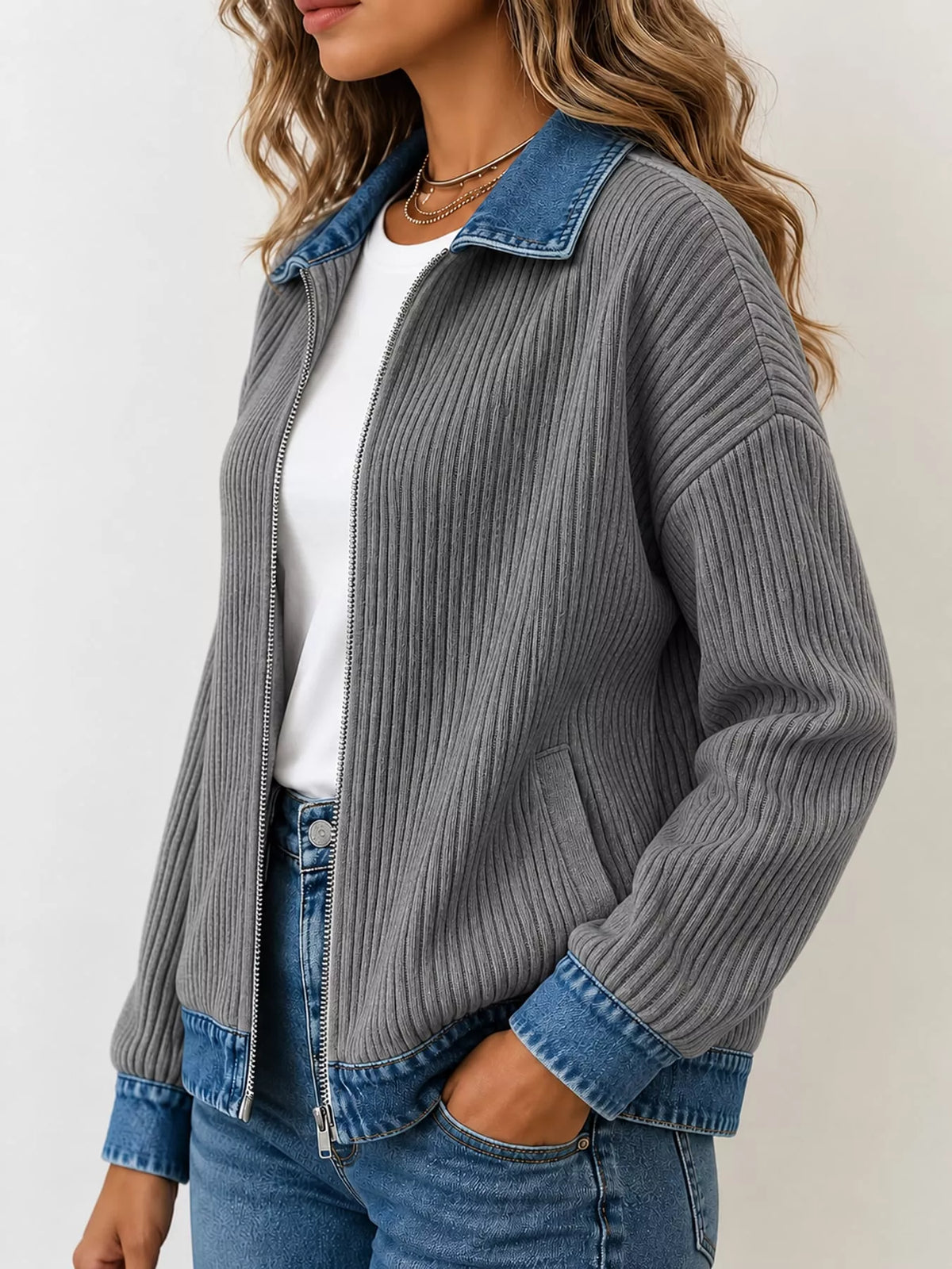 full size denim-collar ribbed knit zip-up jacket plus | dropsona - neutral - usage example
