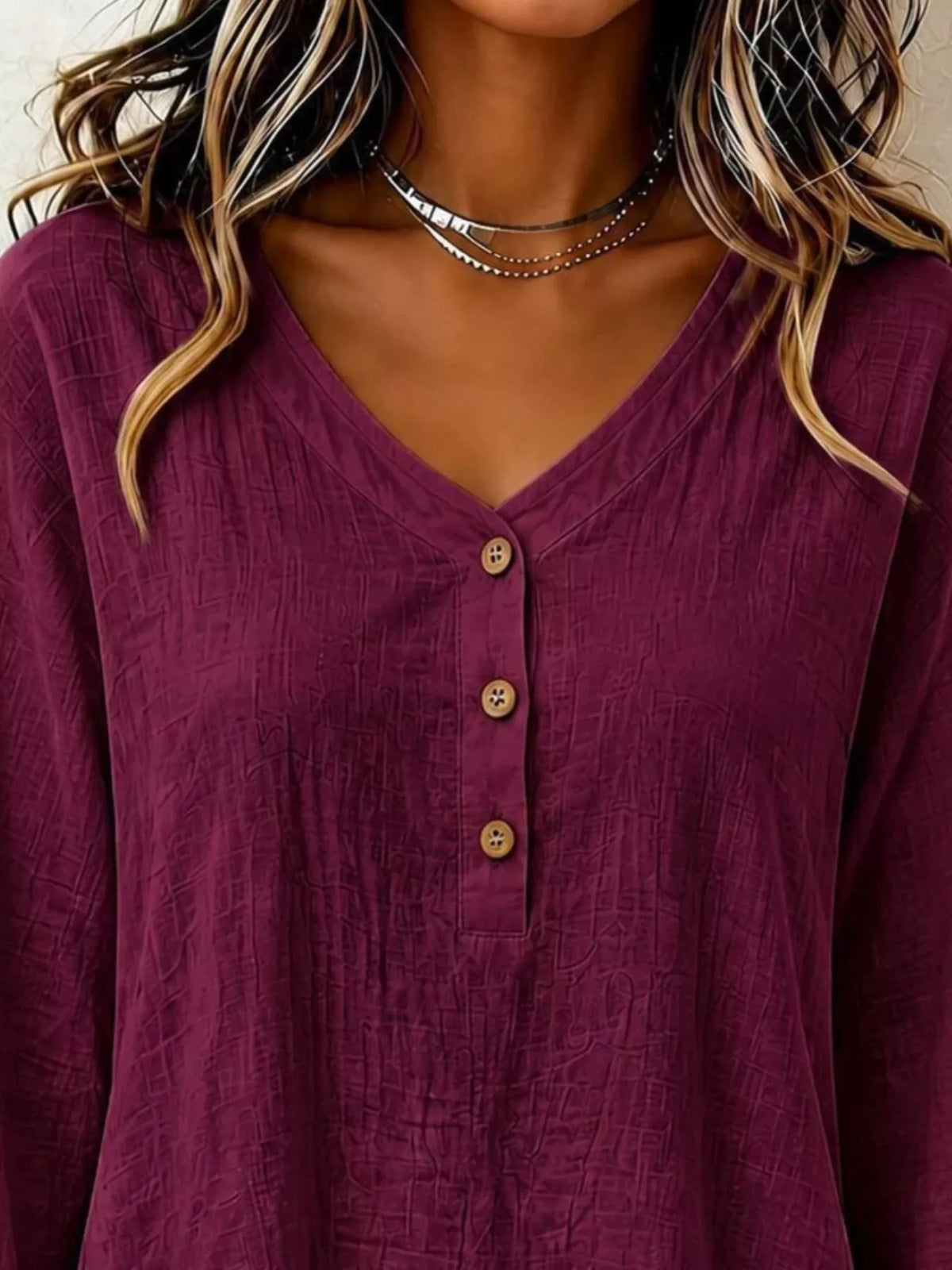 v-neck long sleeve button detail ruffled hem blouse | dropsona - neutral - size reference
