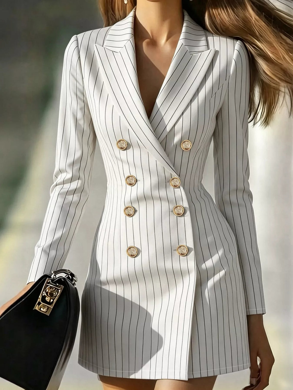 stripe double-breasted blazer dress | dropsona - neutral - front view