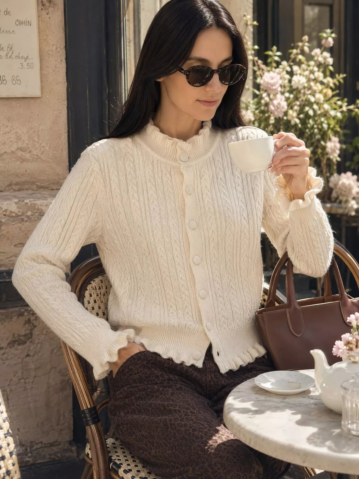 cable-knit ruffle-trim cardigan | dropsona - neutral - front view