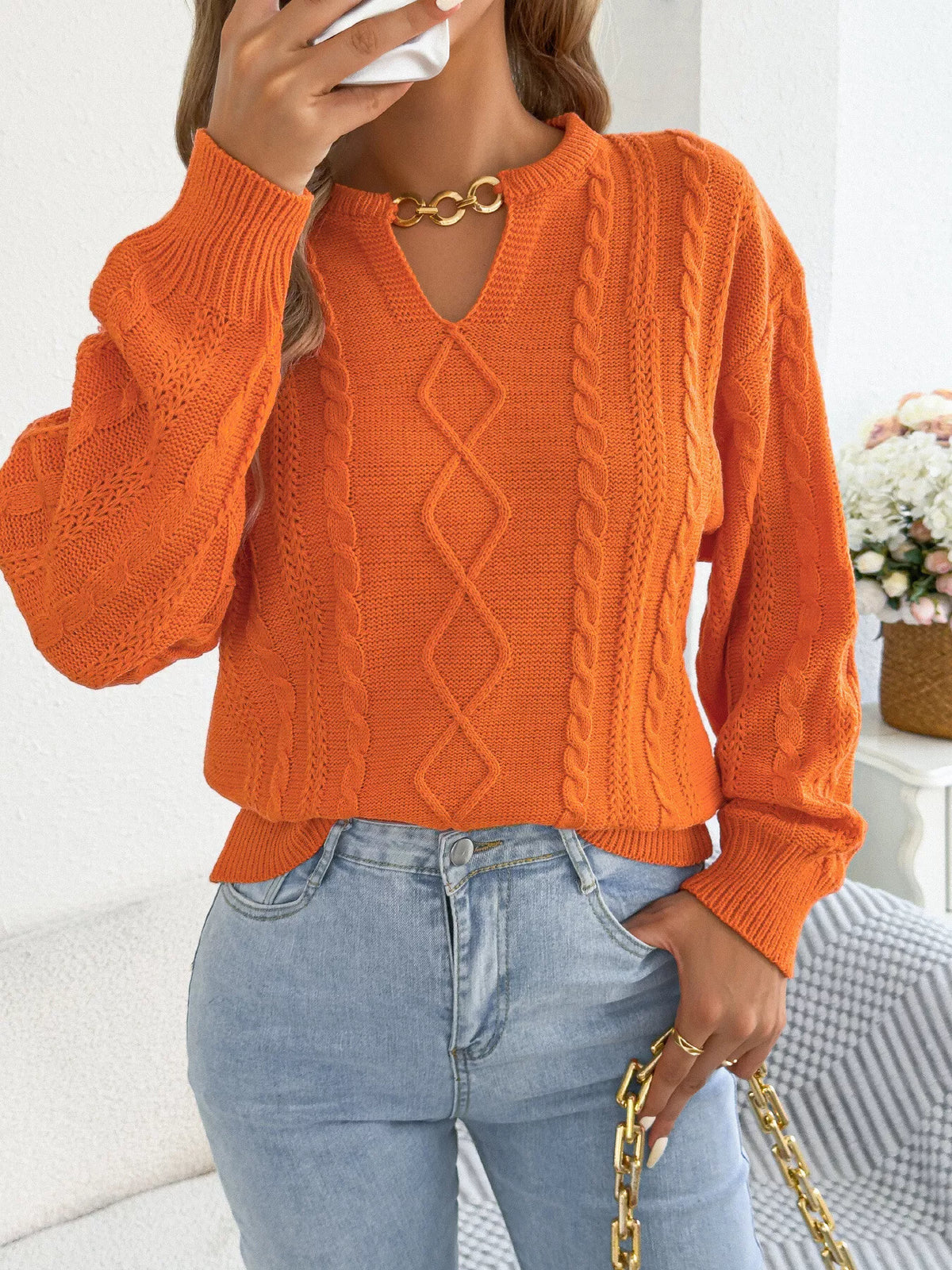cable knit notched sweater – basic style | dropsona - neutral - usage example