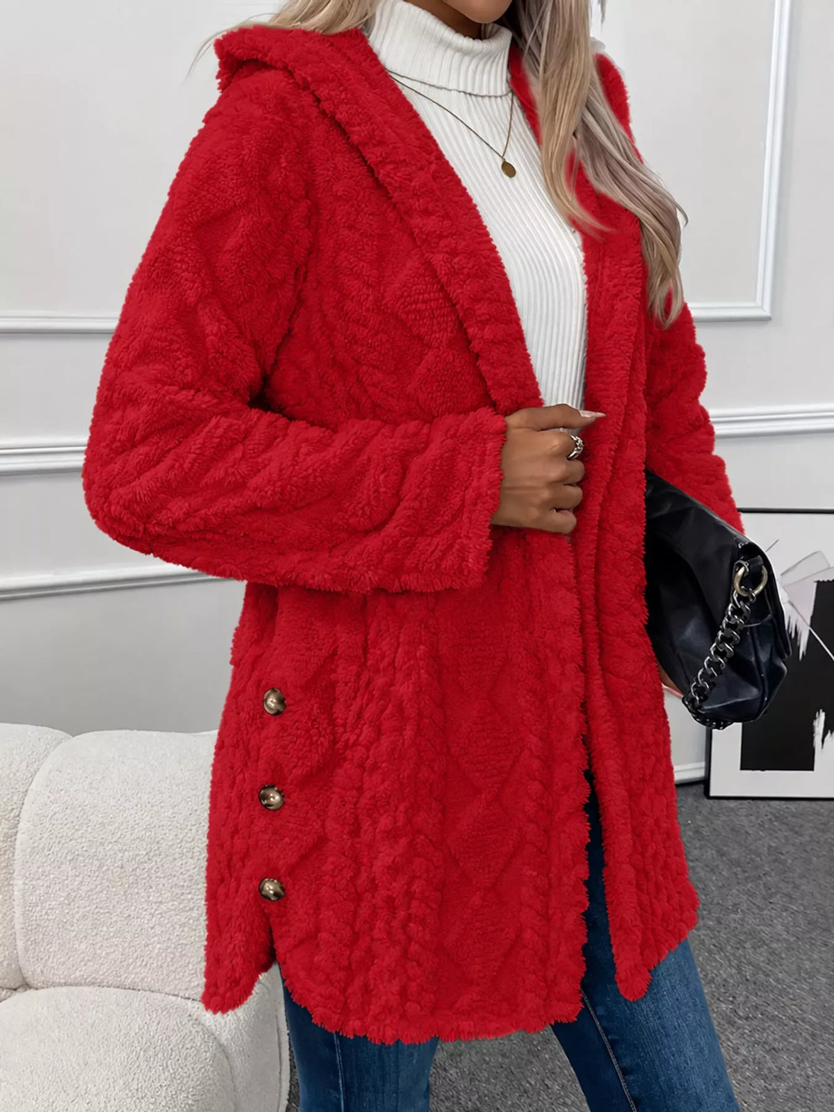 full size cozy cable-knit faux fur hooded outerwear | dropsona - neutral - material texture