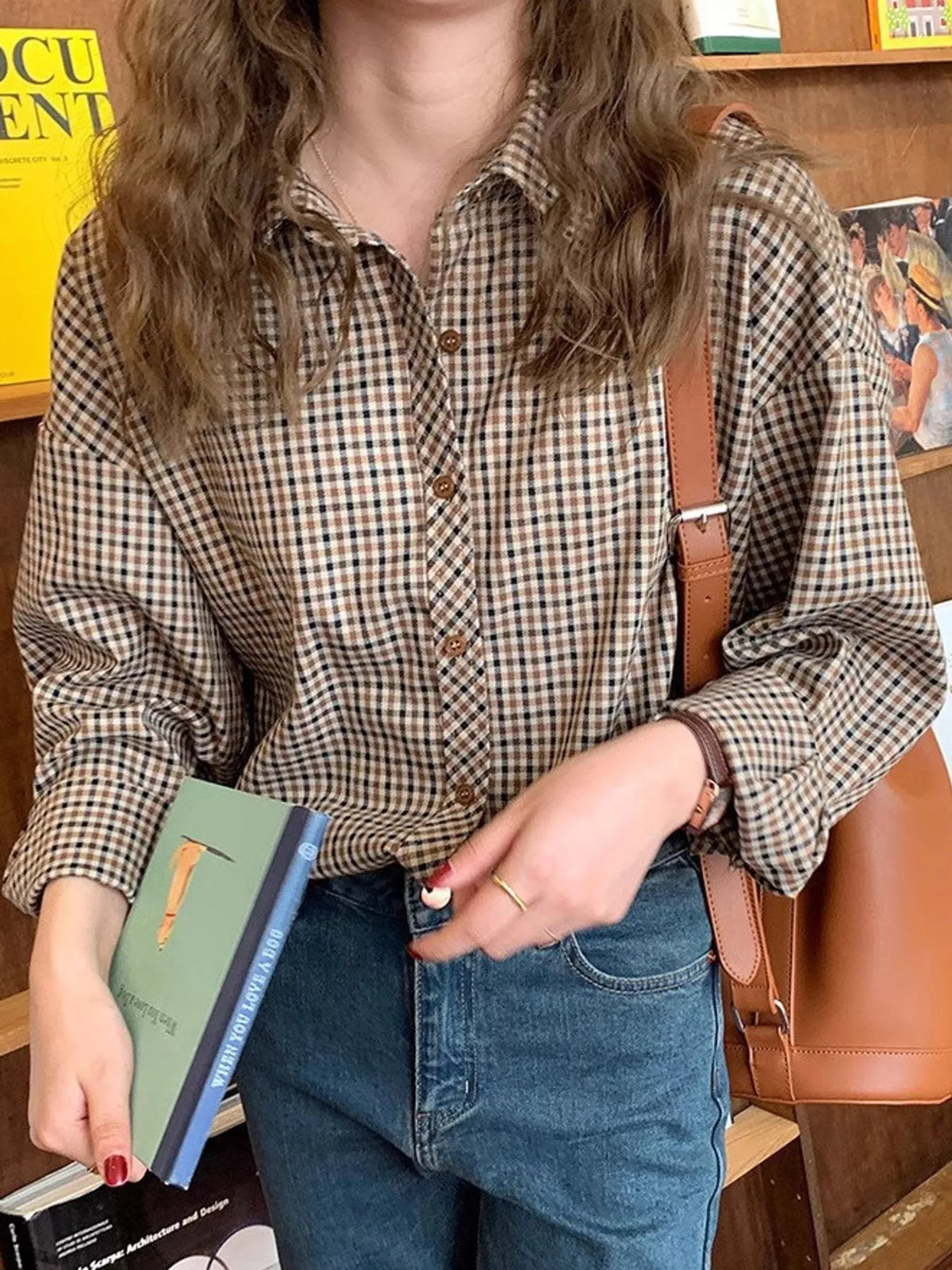 plaid button-down shirt – buttoned,basic style fit | dropsona - neutral - close-up detail